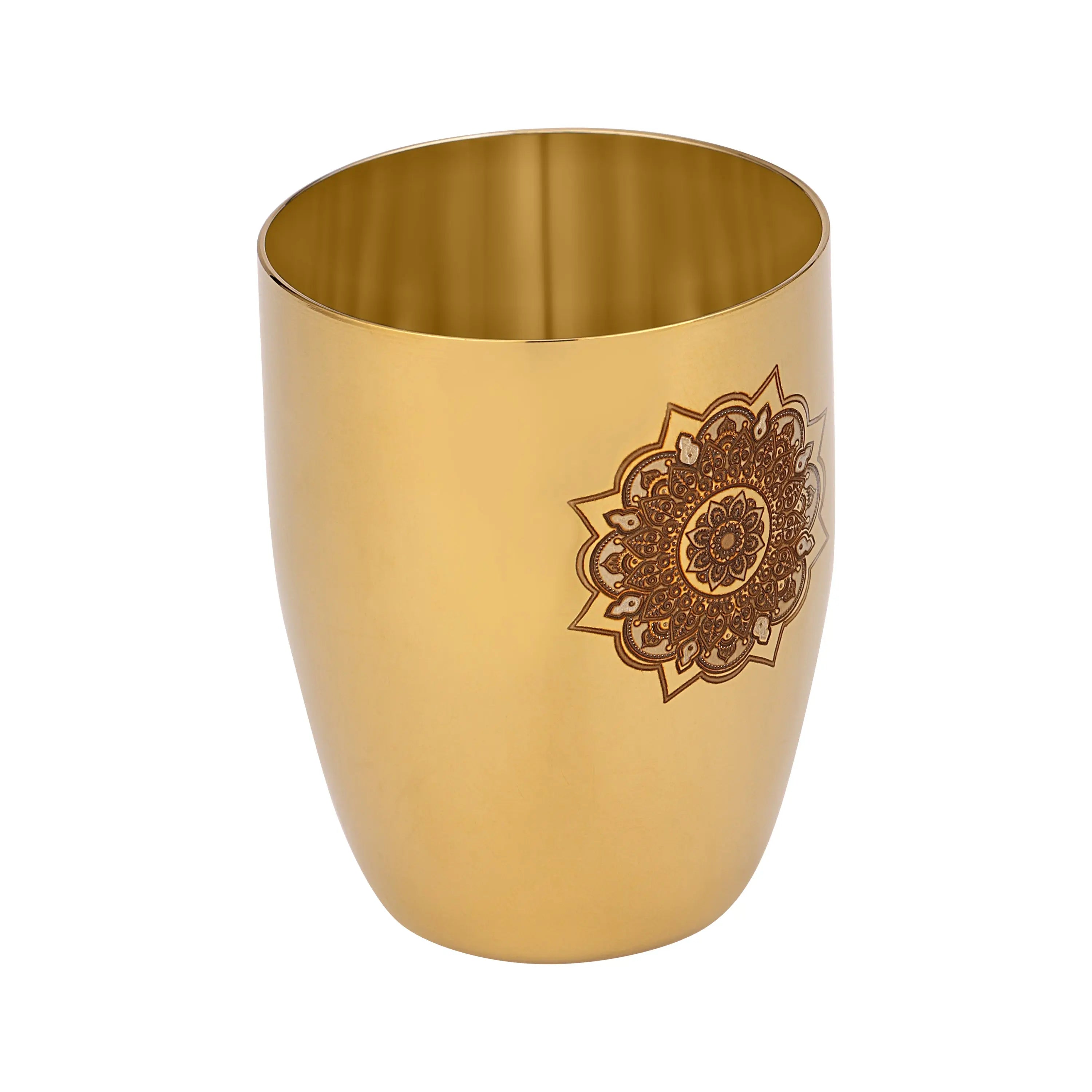 STAINLESS STEEL GOLD LASER BHOJAN THAL WITH GLASS AND SPOON - CROCKERY WALA AND COMPANY