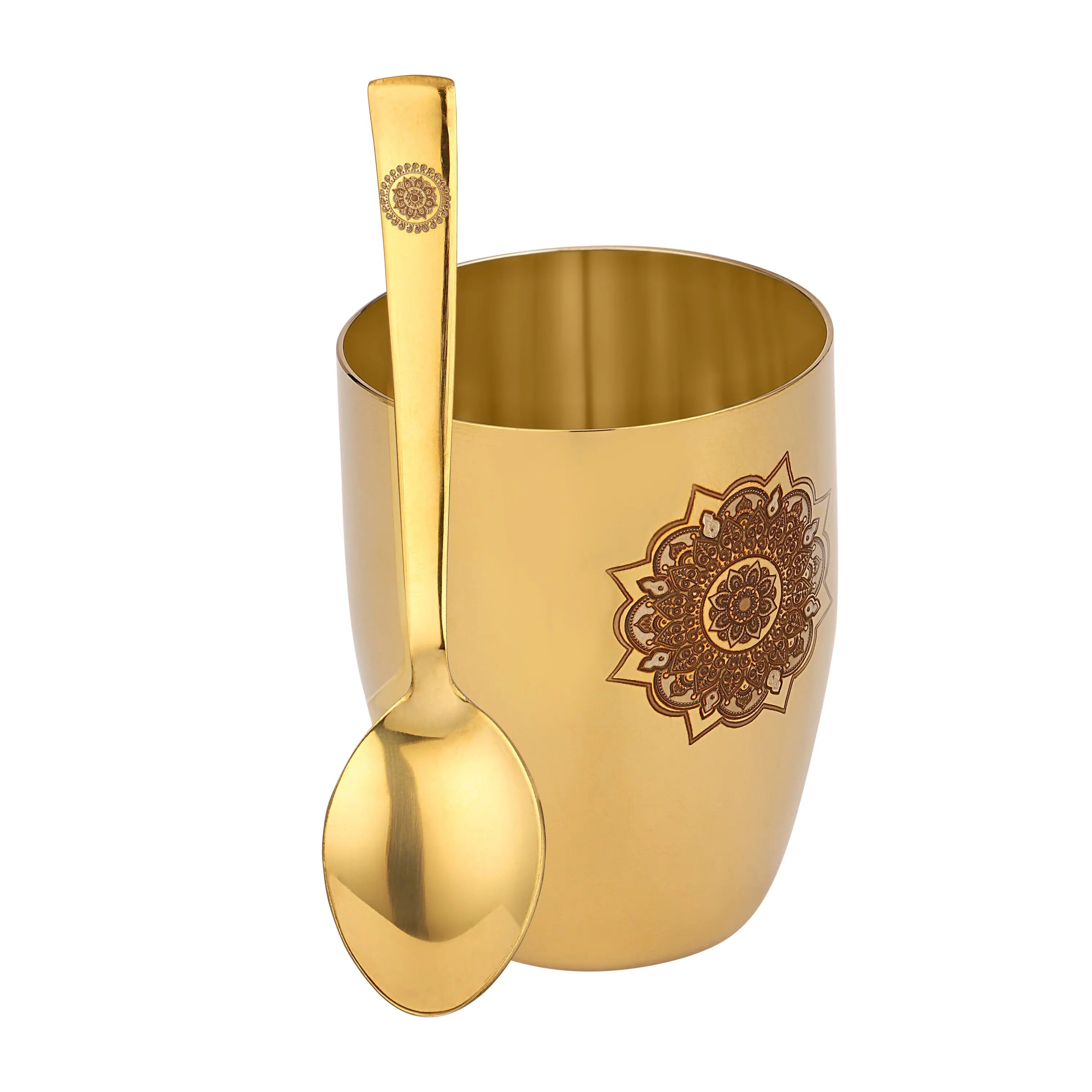 STAINLESS STEEL GOLD LASER BHOJAN THAL WITH GLASS AND SPOON - CROCKERY WALA AND COMPANY