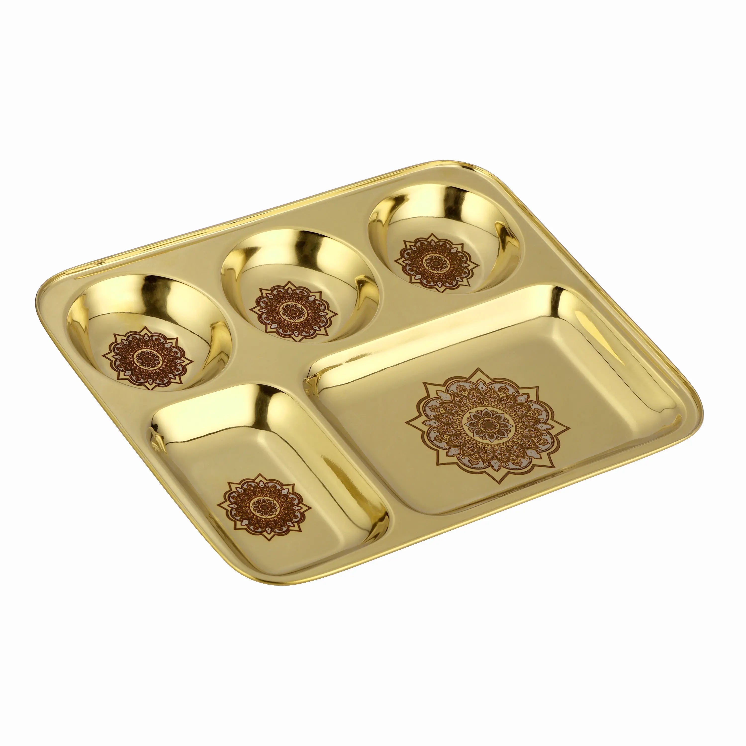 STAINLESS STEEL GOLD LASER BHOJAN THAL WITH GLASS AND SPOON - CROCKERY WALA AND COMPANY