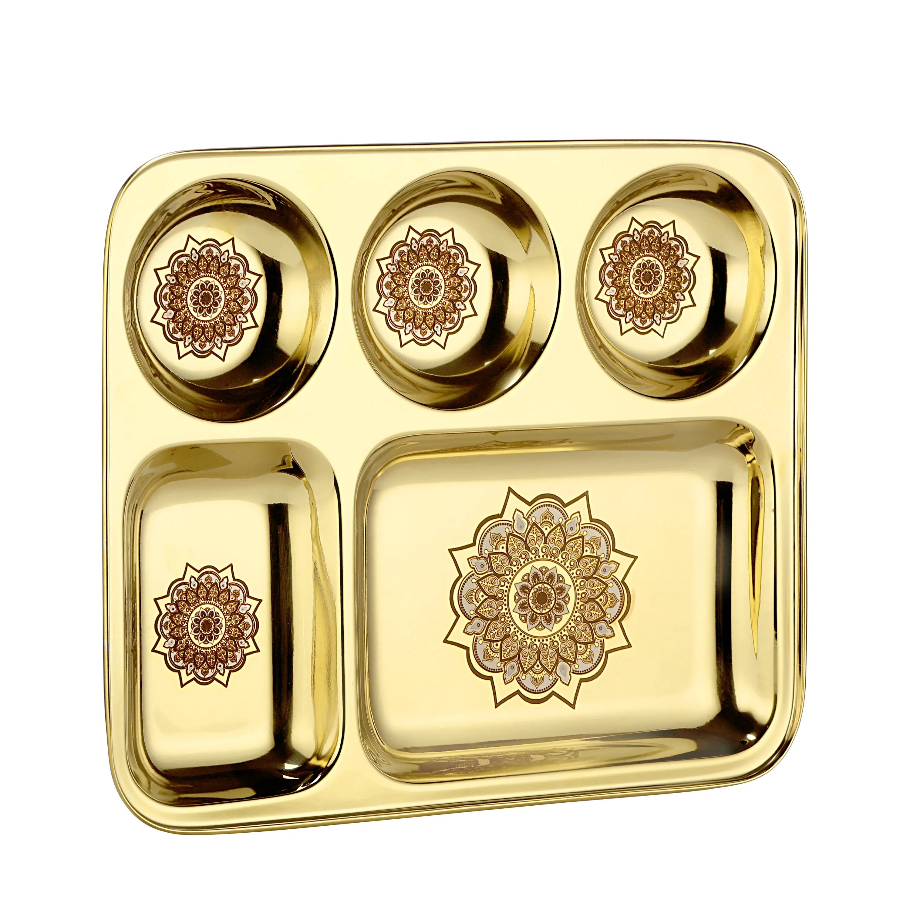 STAINLESS STEEL GOLD LASER BHOJAN THAL WITH GLASS AND SPOON - CROCKERY WALA AND COMPANY