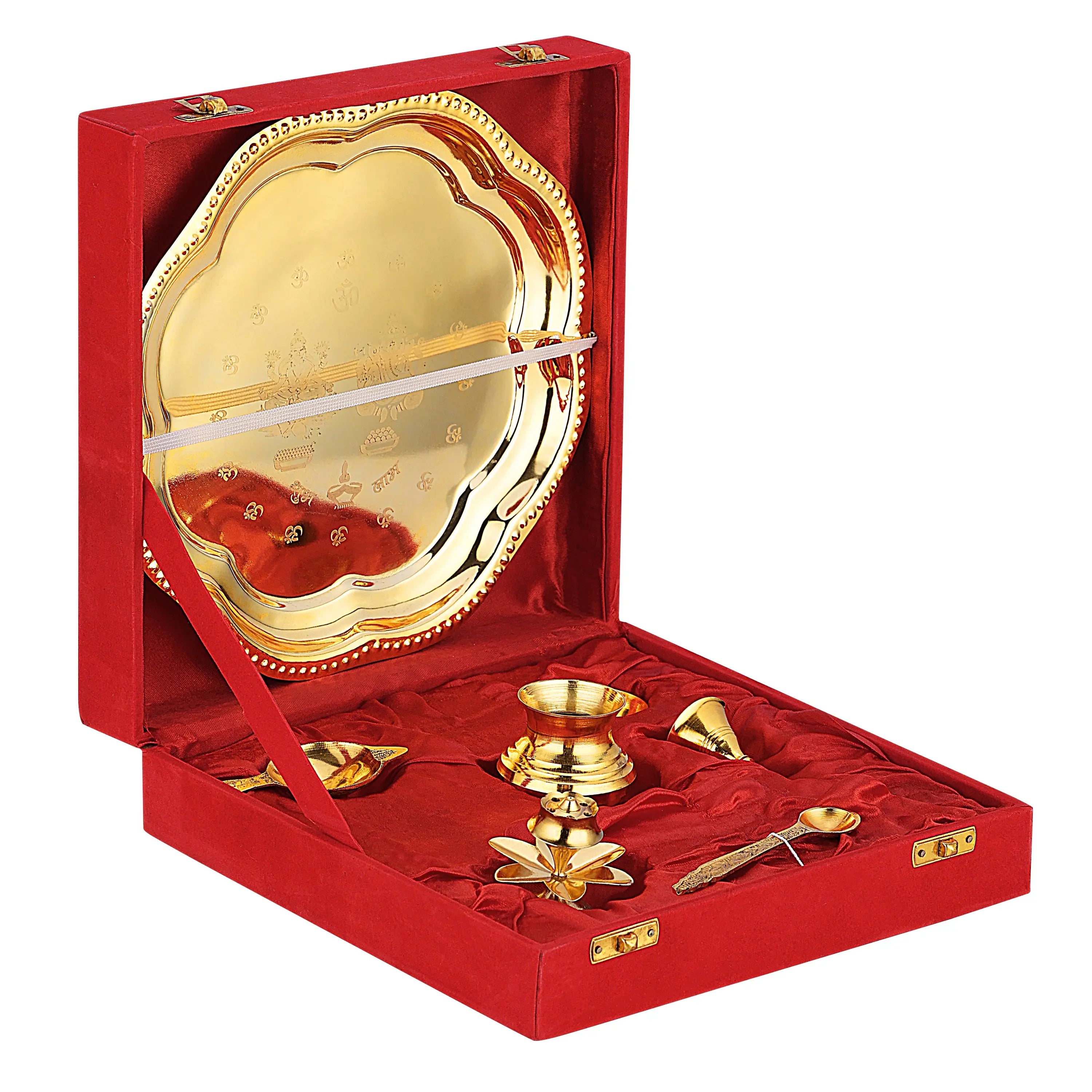 BRASS SUBAH LAABH POOJA THALI SET WITH VELVET BOX - CROCKERY WALA AND COMPANY