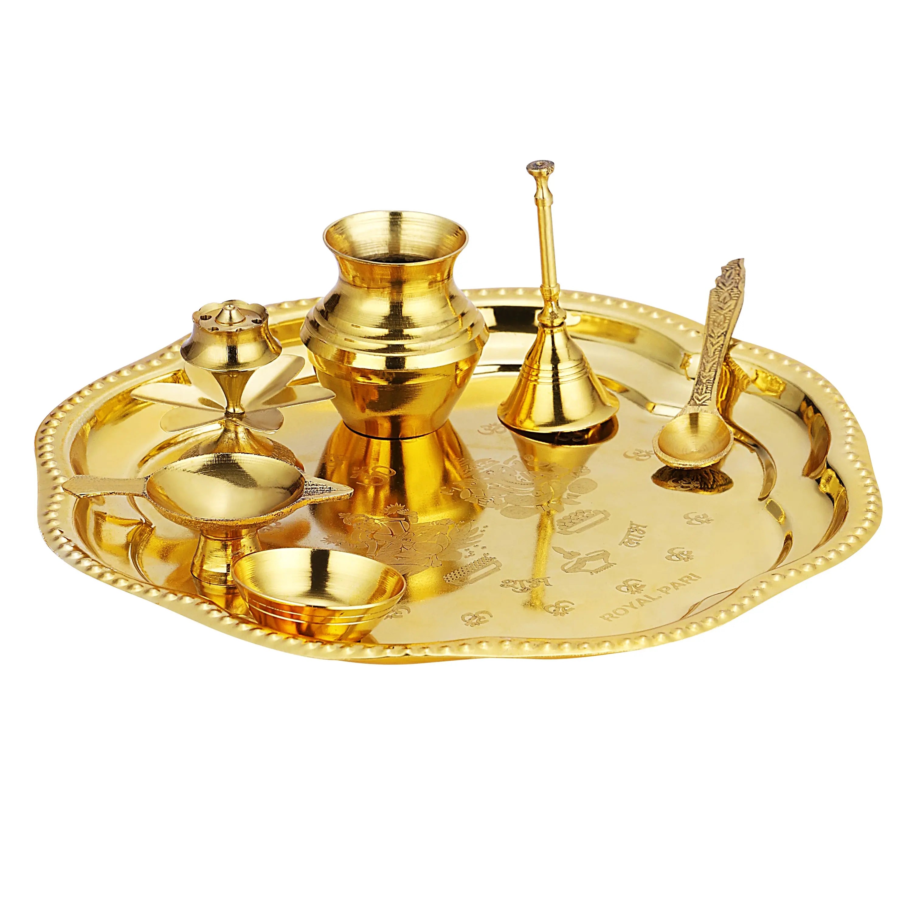 BRASS SUBAH LAABH POOJA THALI SET WITH VELVET BOX - CROCKERY WALA AND COMPANY