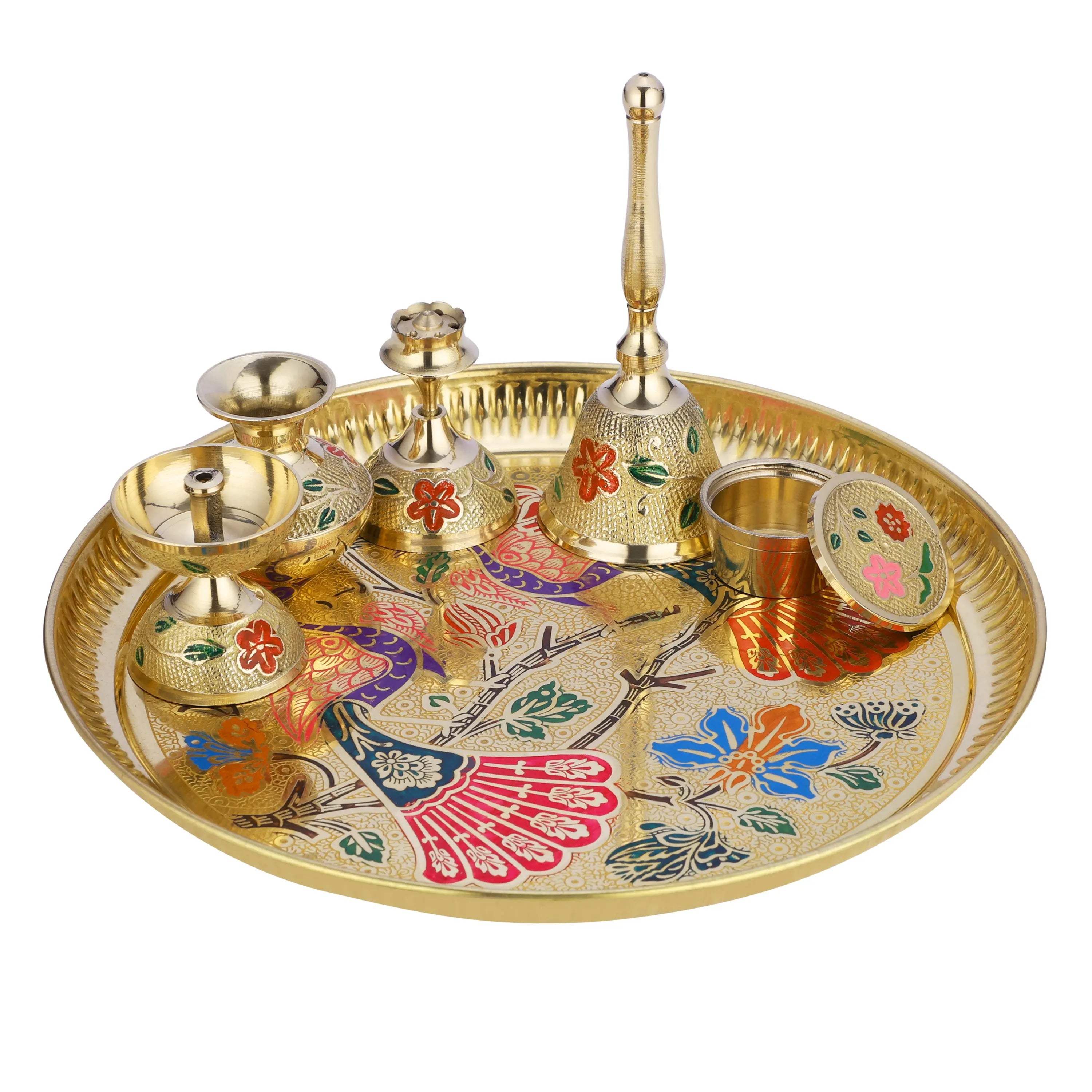 BRASS PAECOCK POOJA THALI SET WITH VELVET BOX - CROCKERY WALA AND COMPANY