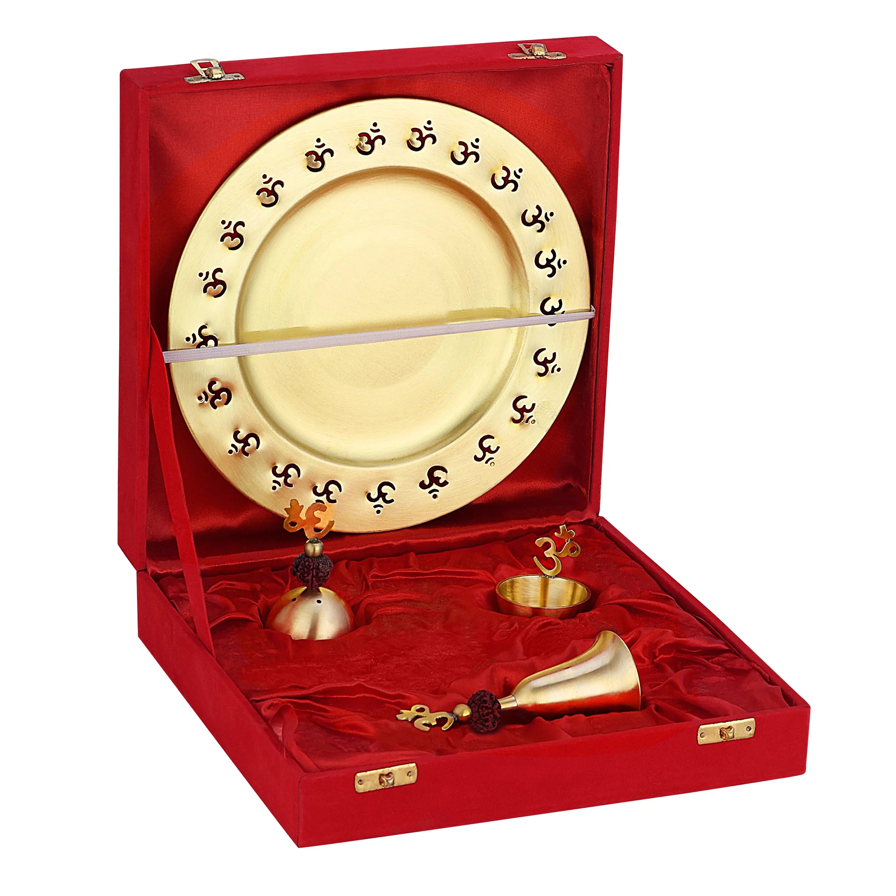 BRASS RUDRAKSH POOJA THALI SET WITH VELVET BOX - CROCKERY WALA AND COMPANY