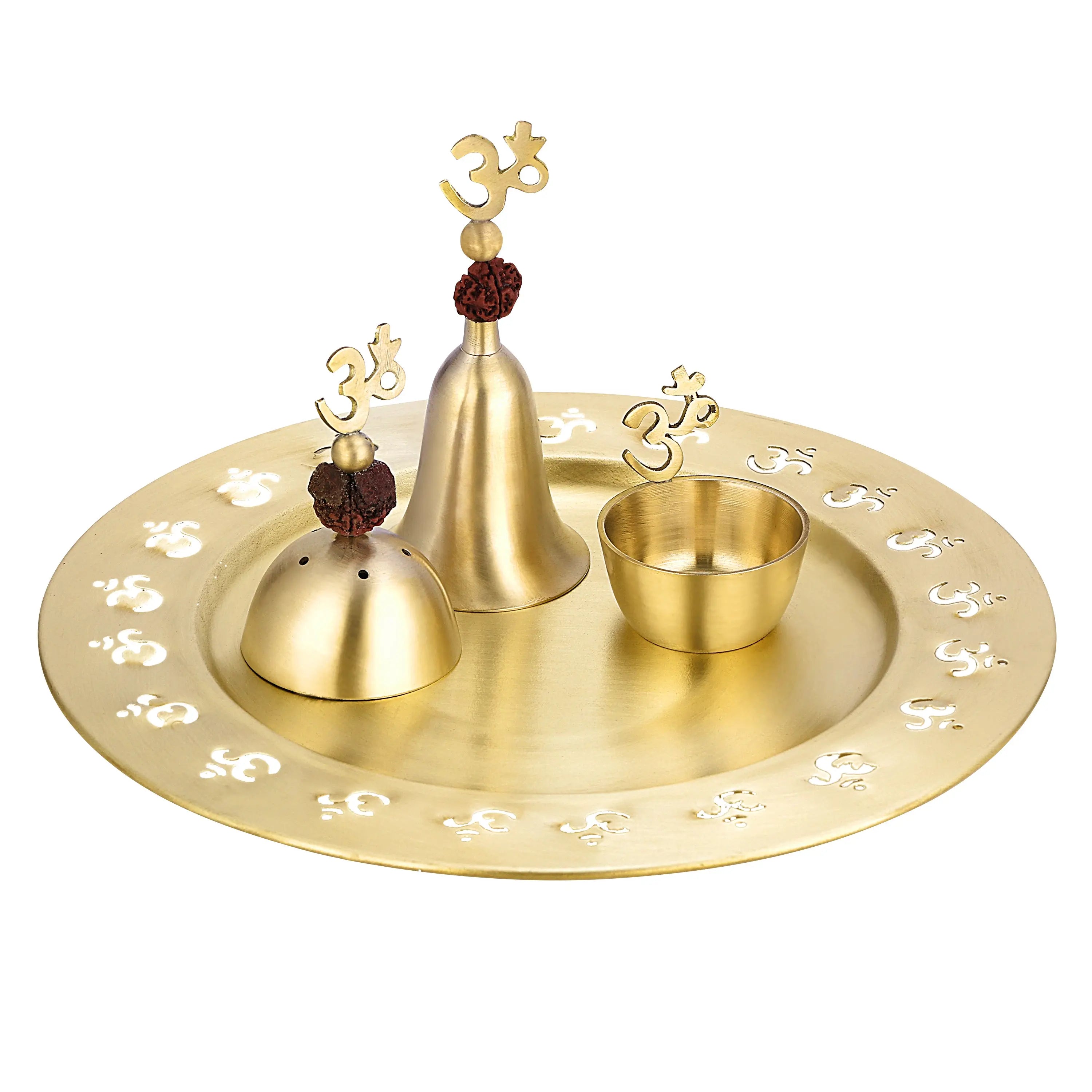 BRASS RUDRAKSH POOJA THALI SET WITH VELVET BOX - CROCKERY WALA AND COMPANY 