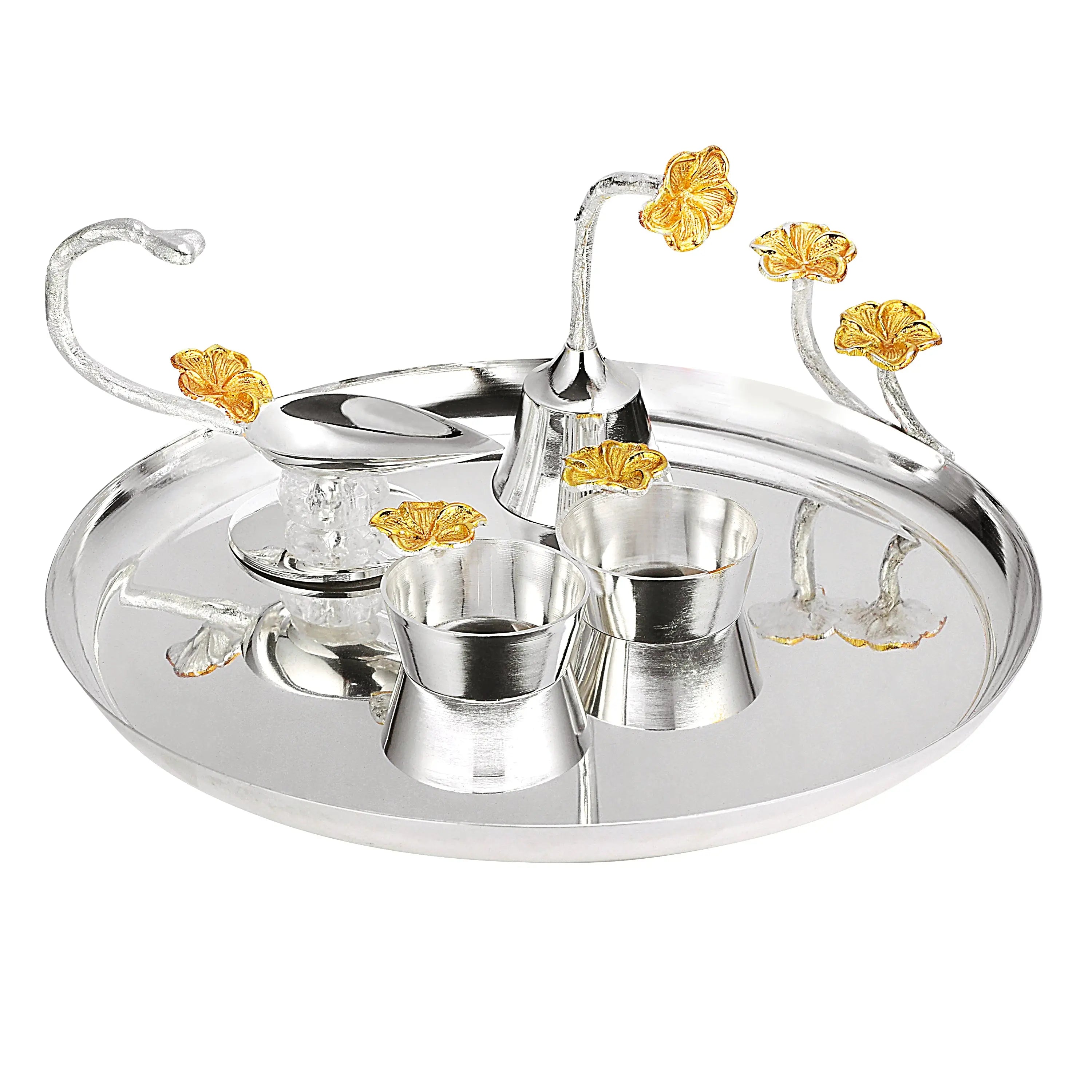 BR SILVER NAKODA POOJA THALI SET WITH VELVET BOX - CROCKERY WALA AND COMPANY