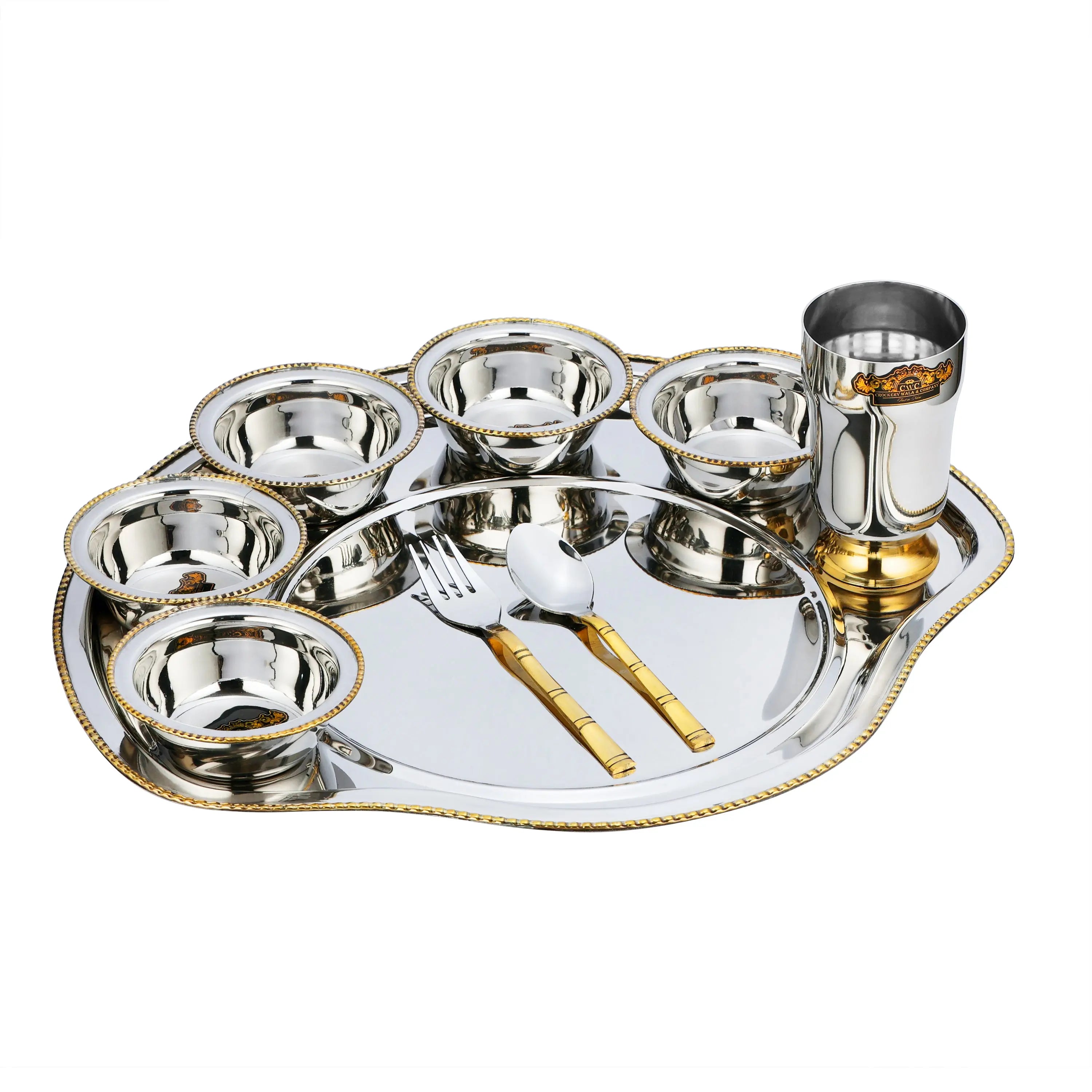 STAINLESS STEEL KONICA TWO TONE THALI SET -9 PCS - CROCKERY WALA AND COMPANY