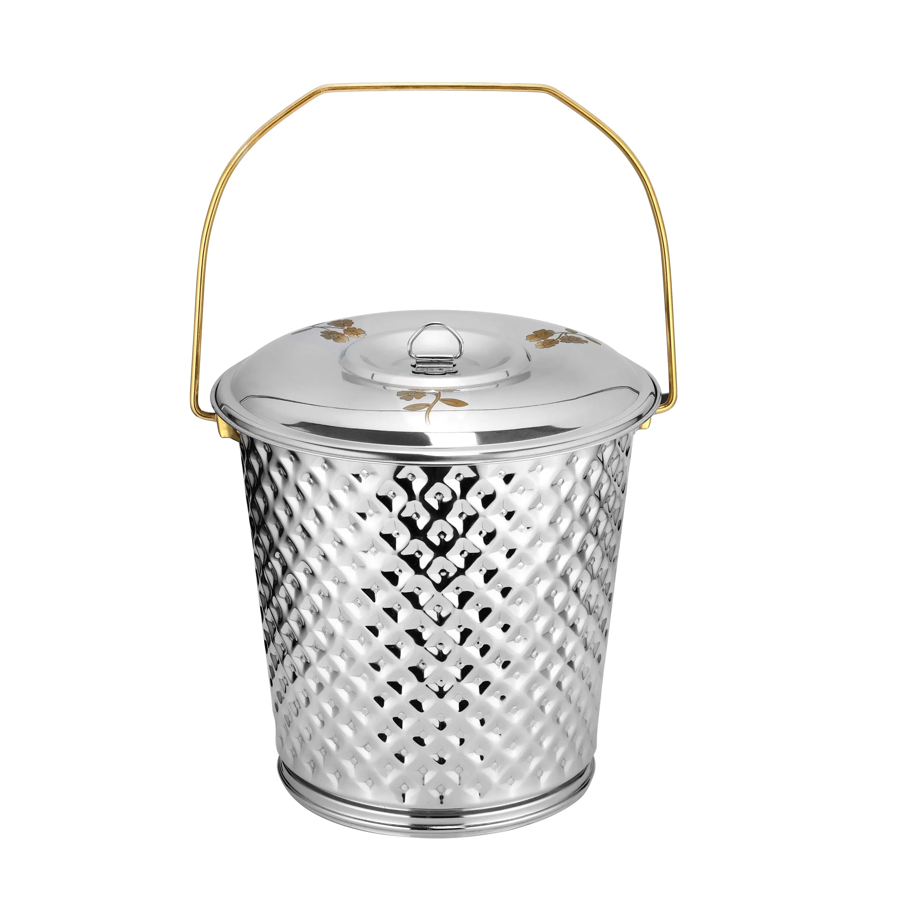 STAINLESS STEEL PVD GOLD DIAMOND BUCKET WITH LID - CROCKERY WALA AND COMPANY