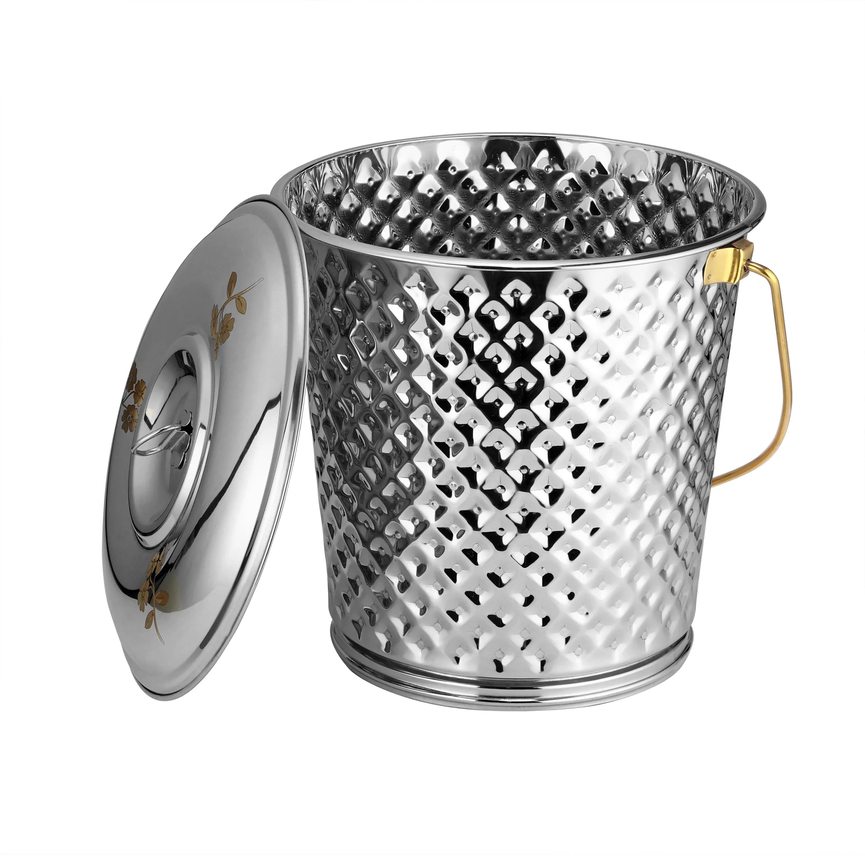 STAINLESS STEEL PVD GOLD DIAMOND BUCKET WITH LID - CROCKERY WALA AND COMPANY