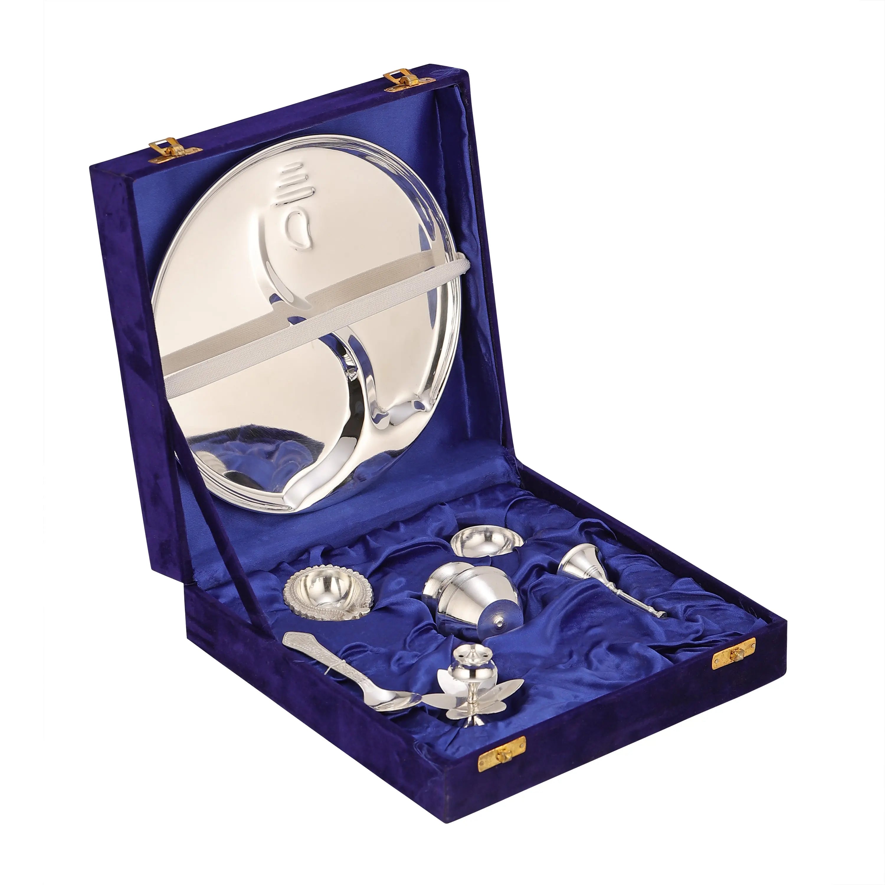BRASS SILVER POOJA THALI SET VELVET BOX - CROCKERY WALA AND COMPANY