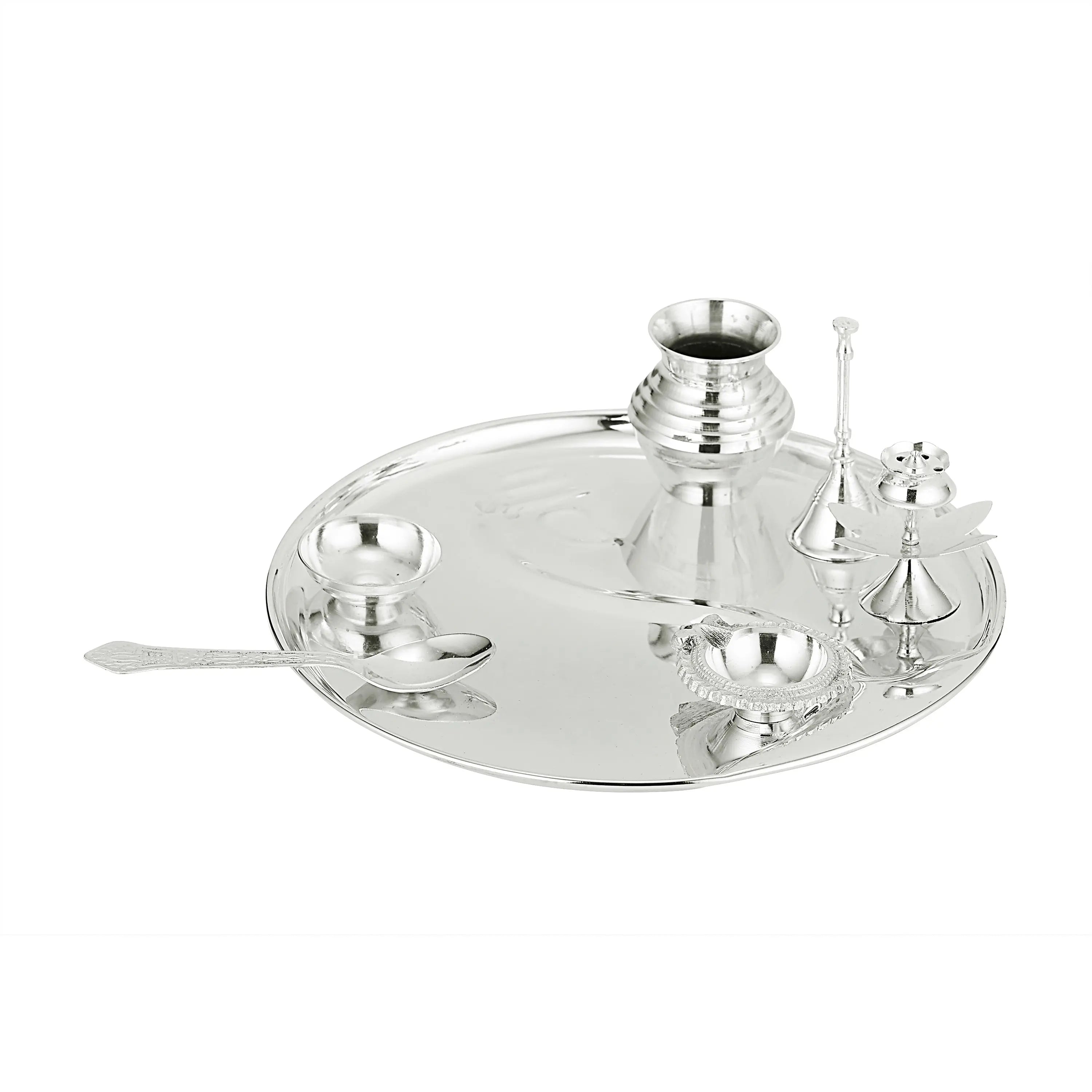 BRASS SILVER POOJA THALI SET VELVET BOX - CROCKERY WALA AND COMPANY
