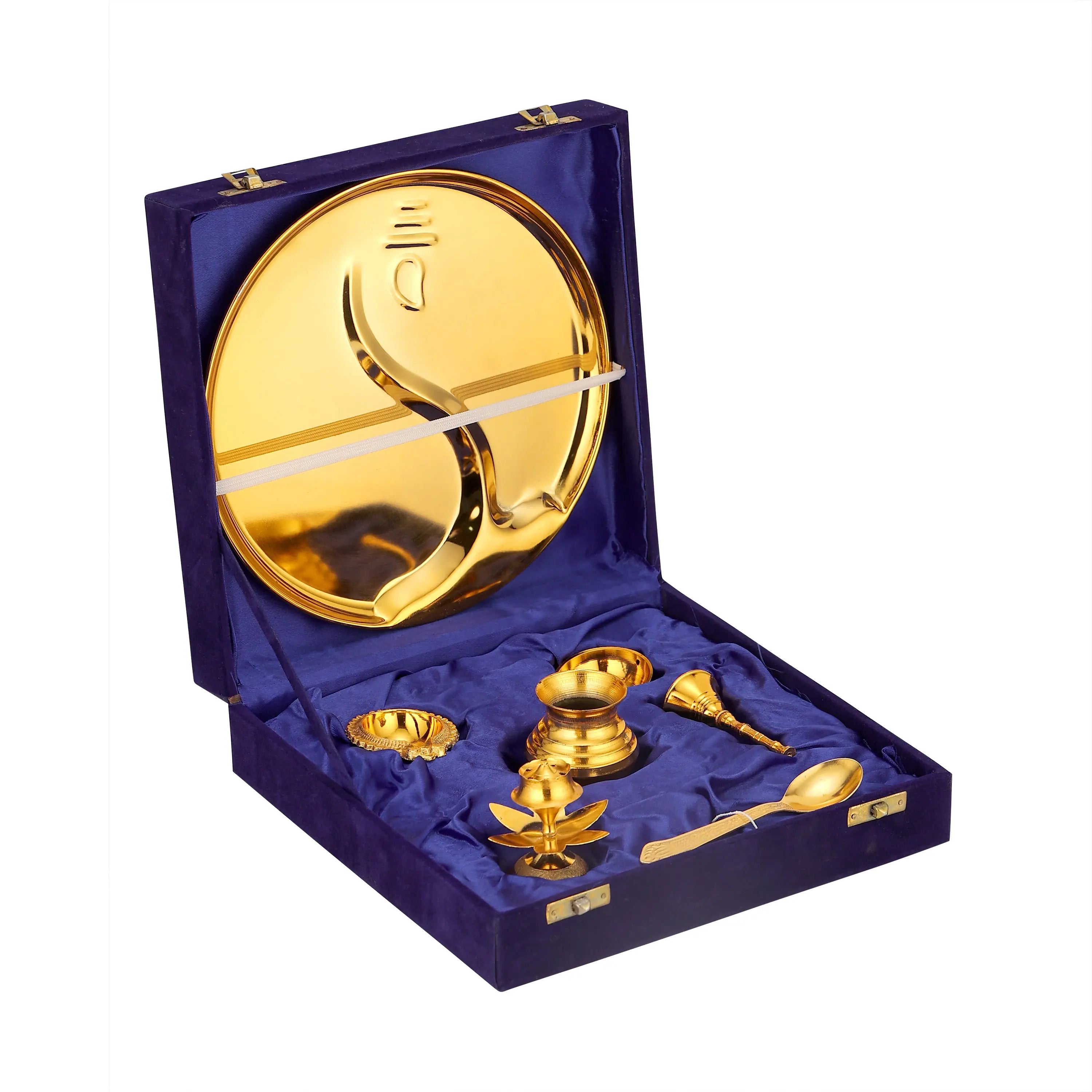 BRASS GOLD POOJA THALI SET VELVET BOX - CROCKERY WALA AND COMPANY