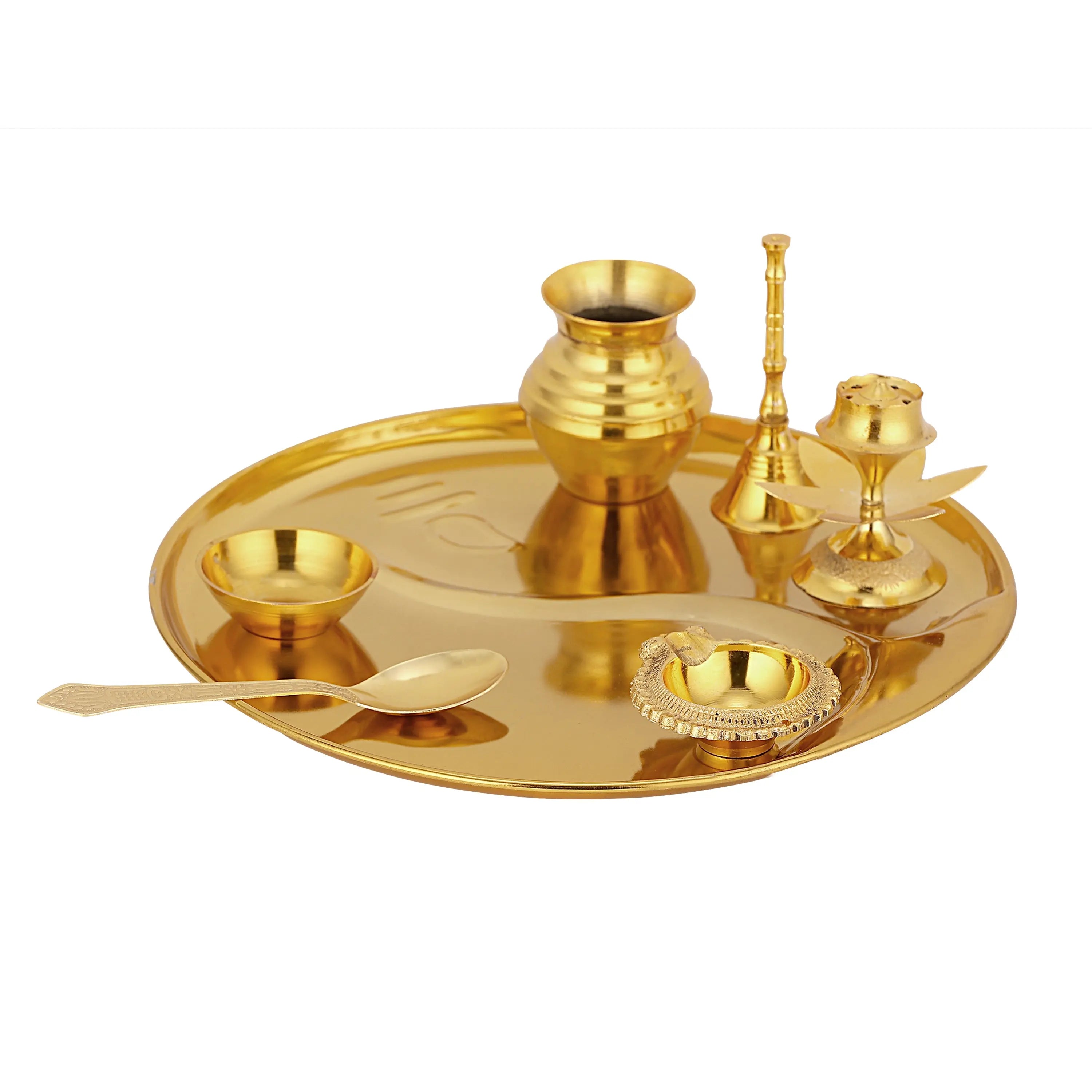 BRASS GOLD POOJA THALI SET VELVET BOX - CROCKERY WALA AND COMPANY