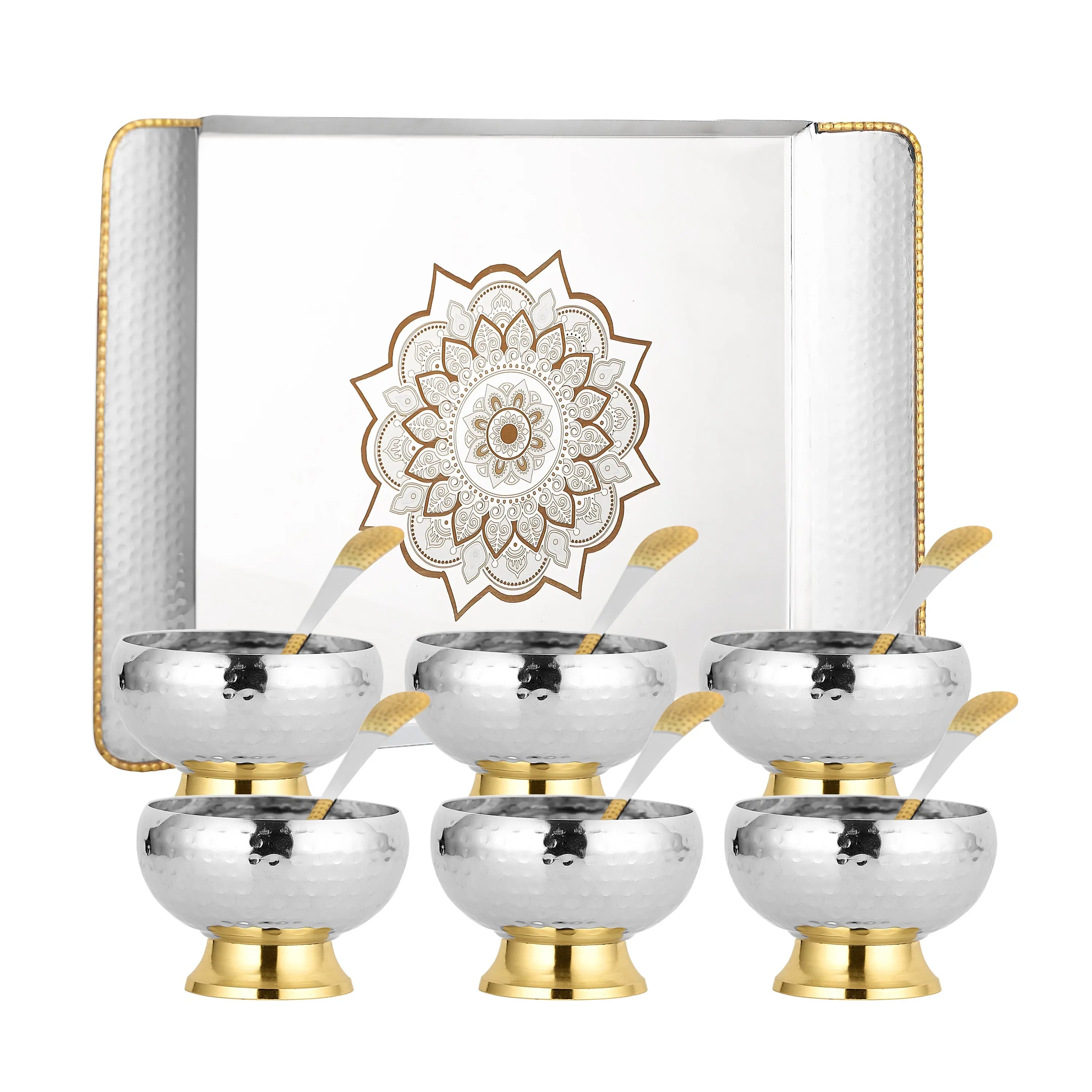 STAINLESS STEEL ICE CREAM SET WITH TRAY & SPOON TWO TONE - CROCKERY WALA AND COMPANY