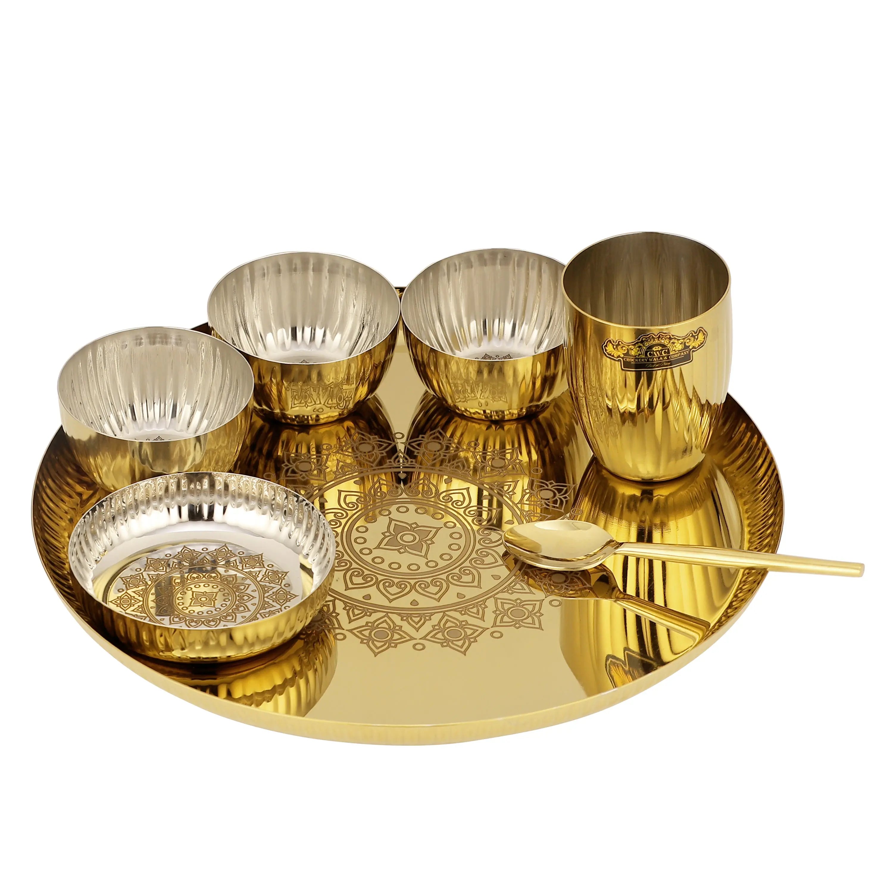 STAINLESS STEEL GOLD PVD DAIMOND SILAI THALI SET - 7 PCS - CROCKERY WALA AND COMPANY