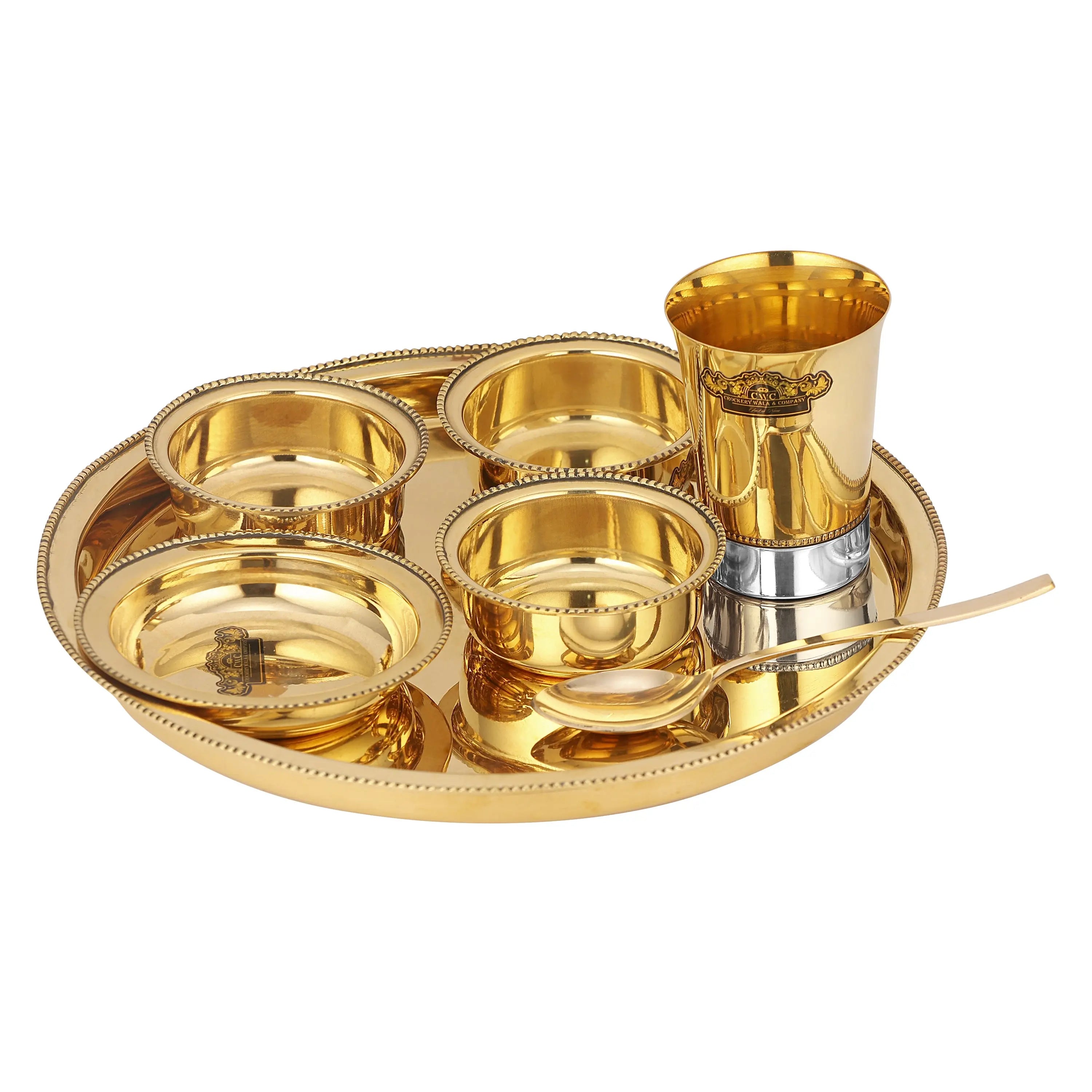 Brass two tone thali set - 7 PCS - CROCKERY WALA AND COMPANY