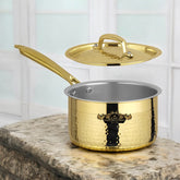 Pure Brass Sauce Pan With Kalai And Lid Hammered Finish CROCKERY WALA AND COMPANY