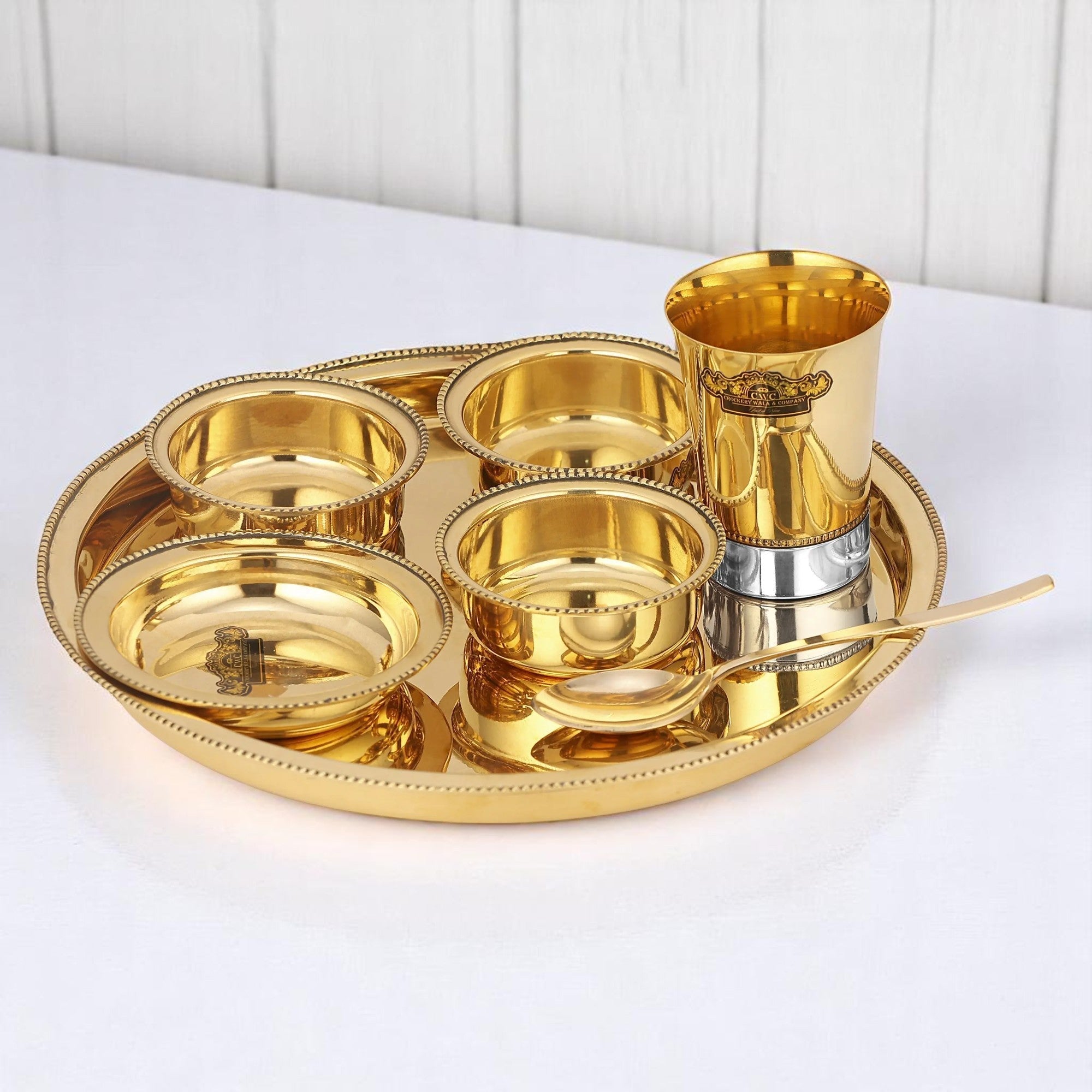 Brass Two Tone Thali Set - 7 PCS Elegant Dining Set - CROCKERY WALA AND COMPANY