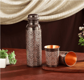 Crockery Wala And Company Pure Copper Bottle With 2 Glass Gift Set Antique Itching Regular 1 Litres - CROCKERY WALA AND COMPANY