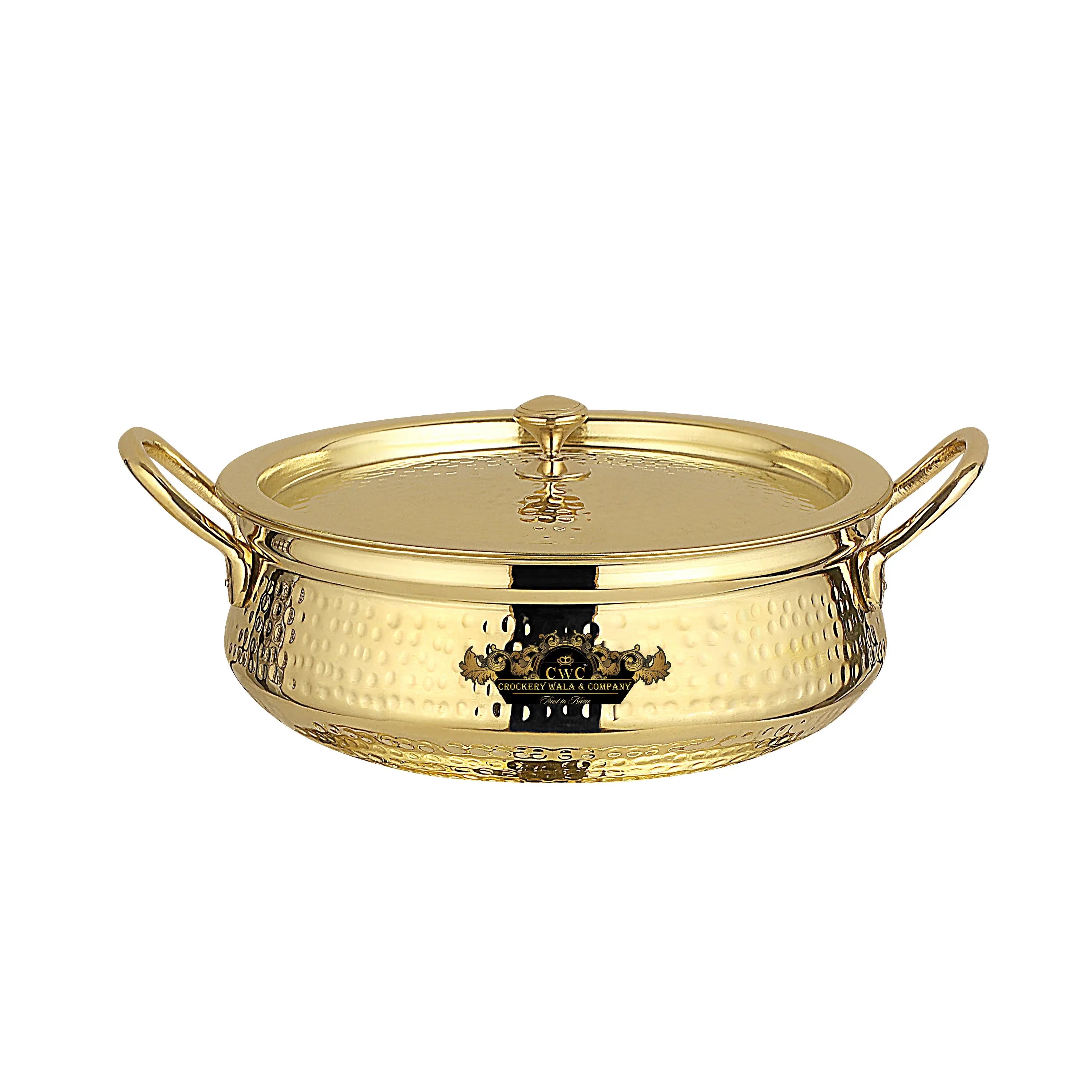 Brass Kalai Lagaan Handi With Lid  Hammered Design Handi For Cooking & Serving light weight Crockery Wala And Company