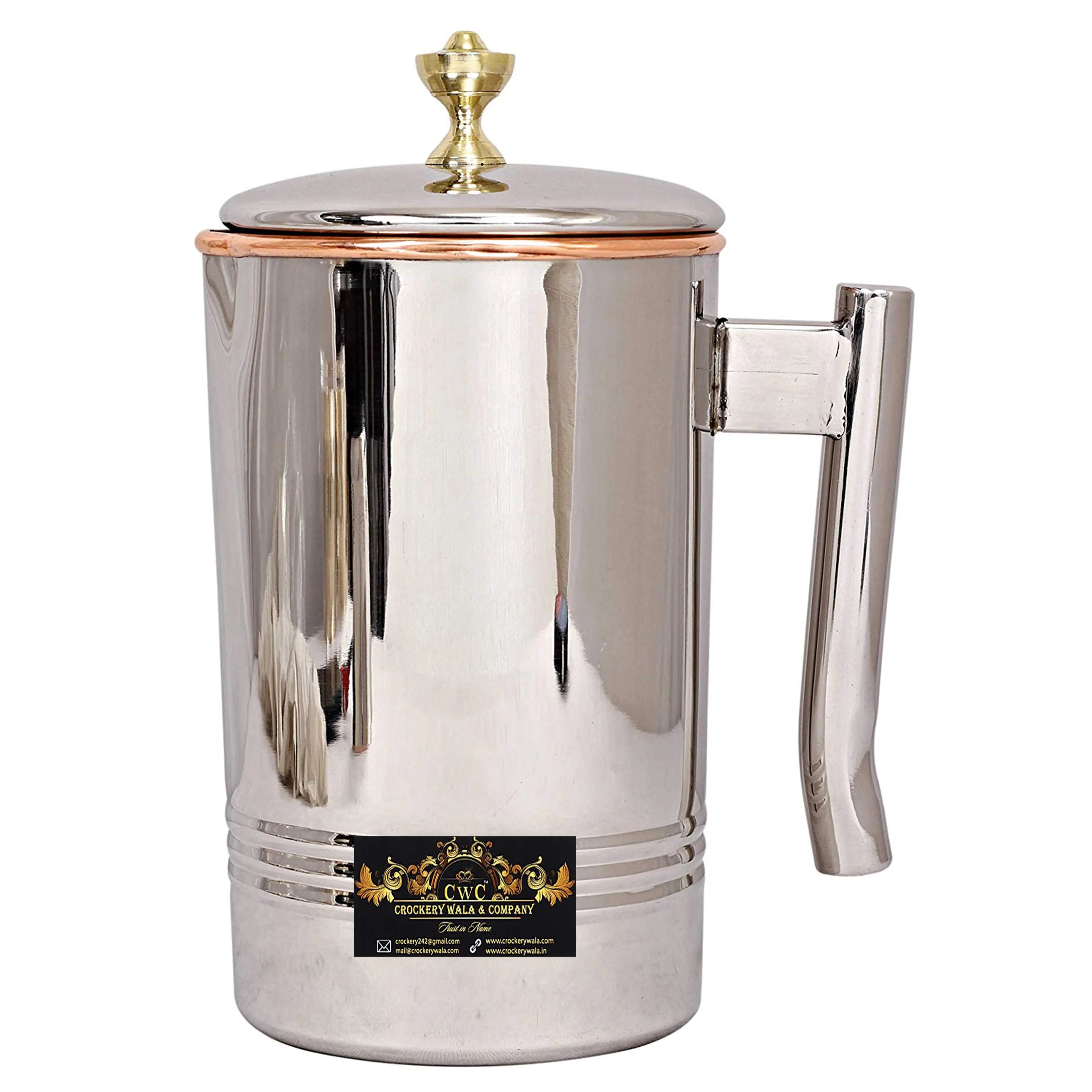 Pure Copper & Stainless Steel Jug Pitcher Jar with Brass Knob, Storage & Serving Water 1400 ML - CROCKERY WALA AND COMPANY 