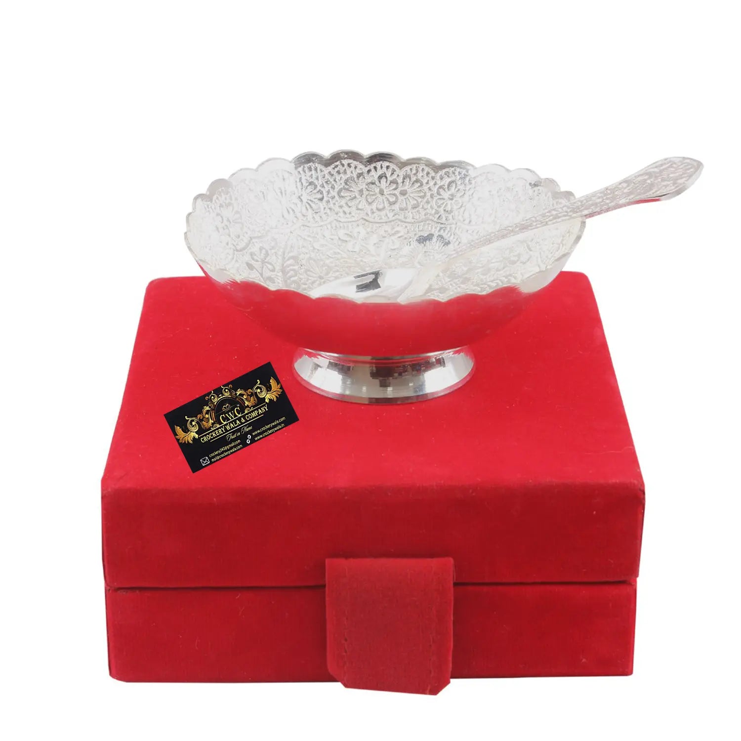 Crockery Wala And Company Silver Plated Designer Bowl with Spoon |150 ML| for Serving Dessert Home Hotel | Decorative Diwali Gift Item - CROCKERY WALA AND COMPANY 
