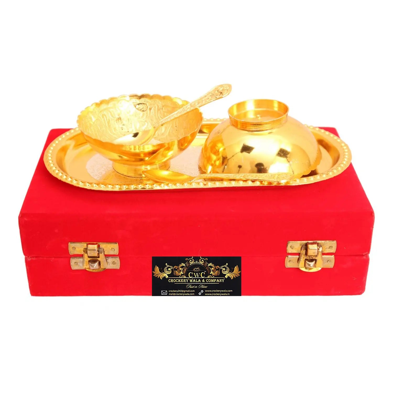 Crockery Wala & Company Silver Plated Gold Polished Bowl Set with 8 Spoons & 4 Tray, Set of 4, Diwali Gift Item - CROCKERY WALA AND COMPANY 