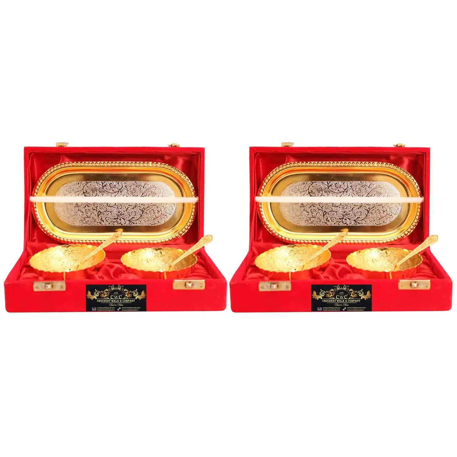 Crockery Wala & Company Silver Plated Gold Polished Bowl Set with 4 Spoons & 2 Tray, Set of 2, Diwali Gift Item - CROCKERY WALA AND COMPANY