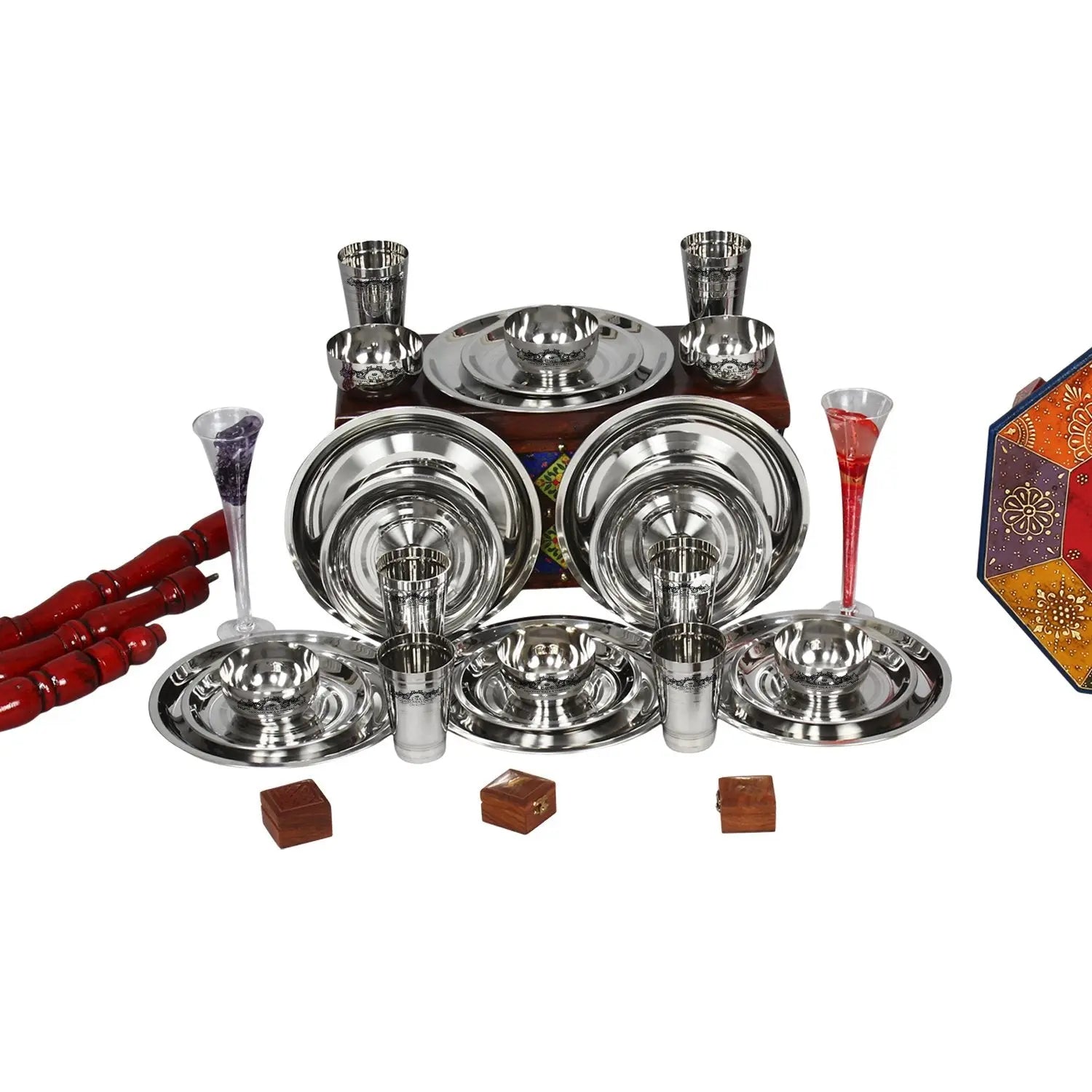 Crockery Wala And Company Stainless steel dinner set of 24 pcs( 6 Glasses, 6 Curry Bowl, 6 Quater Plate and 6 Full Plate) - Crockery Wala And Company