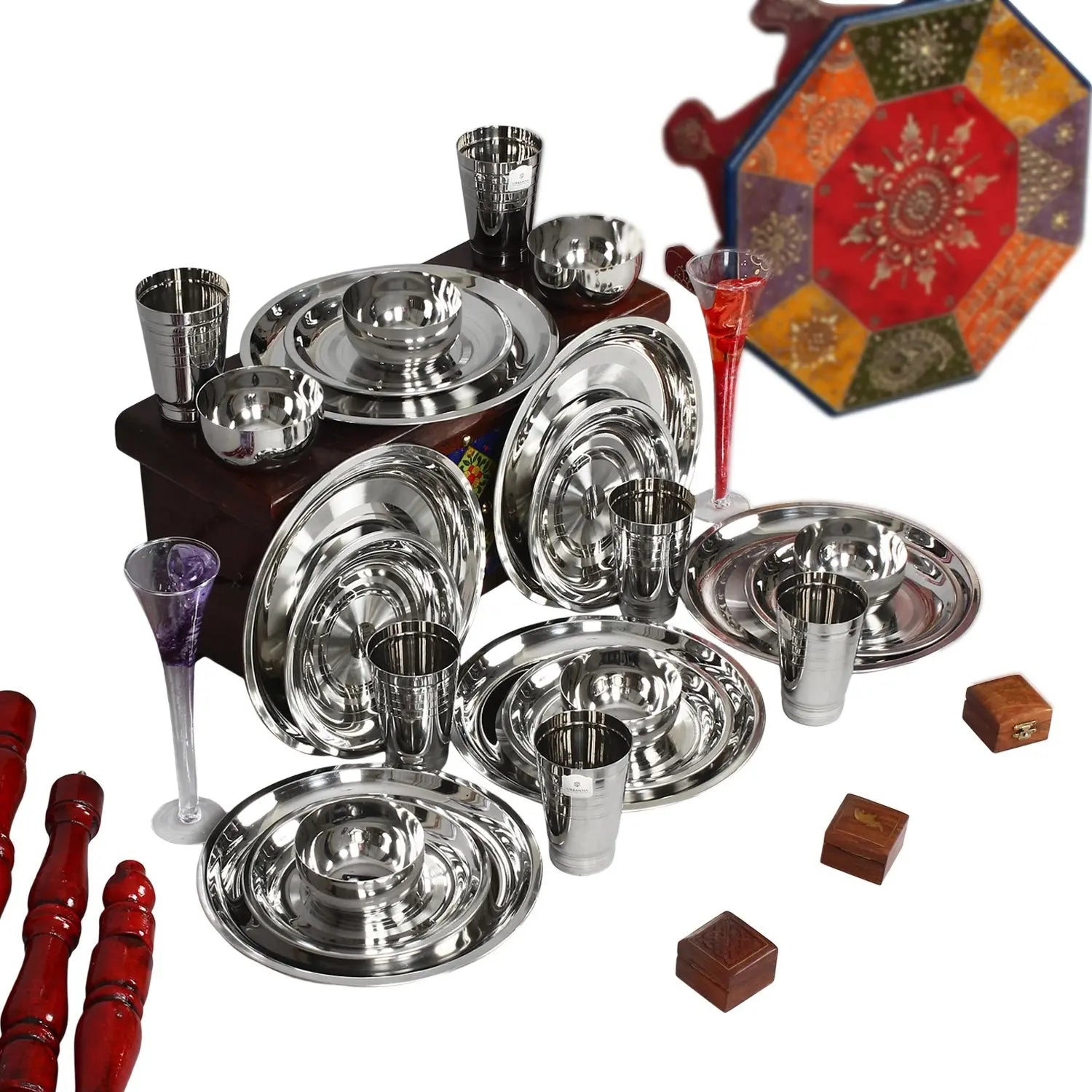 Crockery Wala And Company Stainless steel dinner set of 24 pcs( 6 Glasses, 6 Curry Bowl, 6 Quater Plate and 6 Full Plate) - Crockery Wala And Company