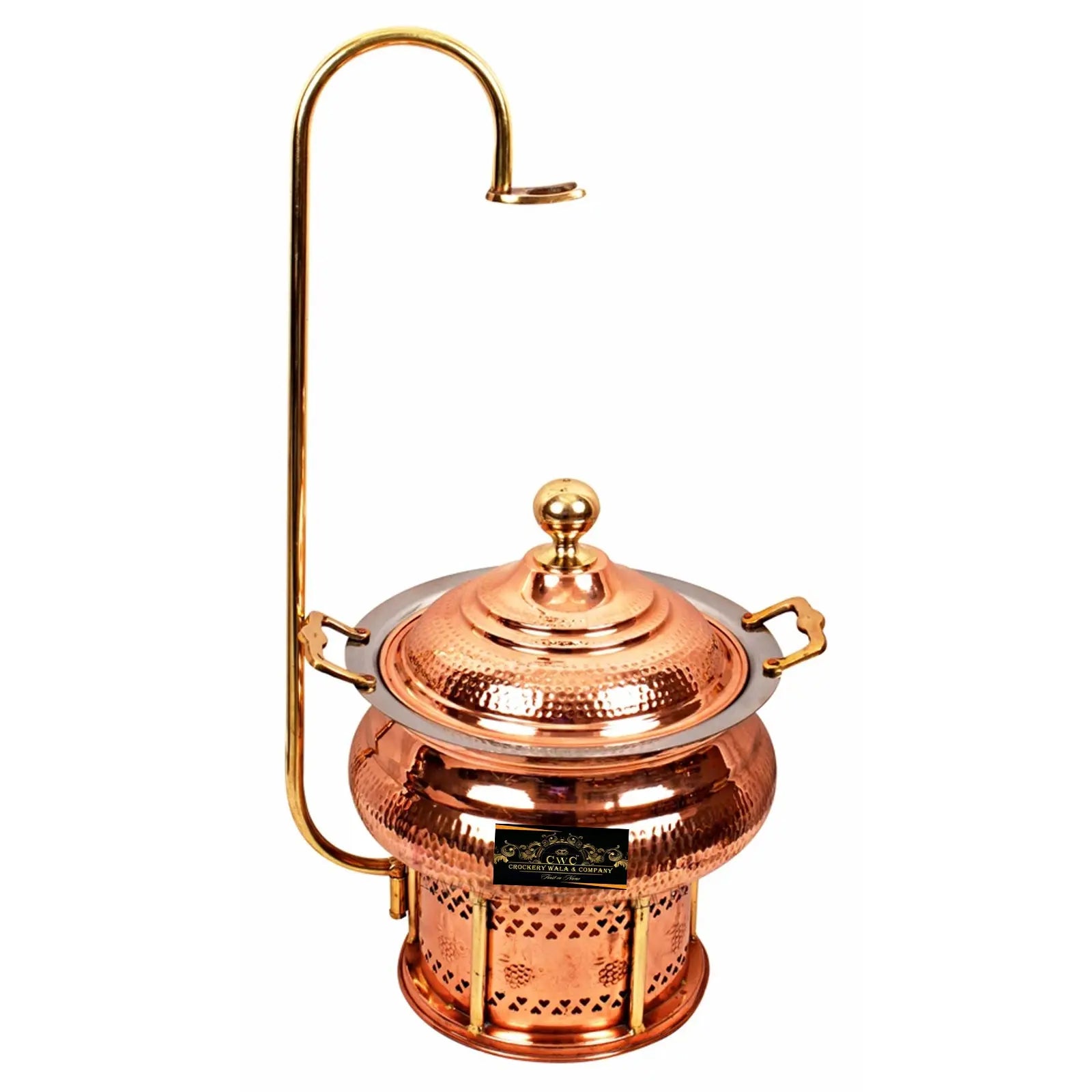 Crockery Wala And Company Copper Steel Chaffing Dish With Stand Hammered Design 6 Liters - CROCKERY WALA AND COMPANY 