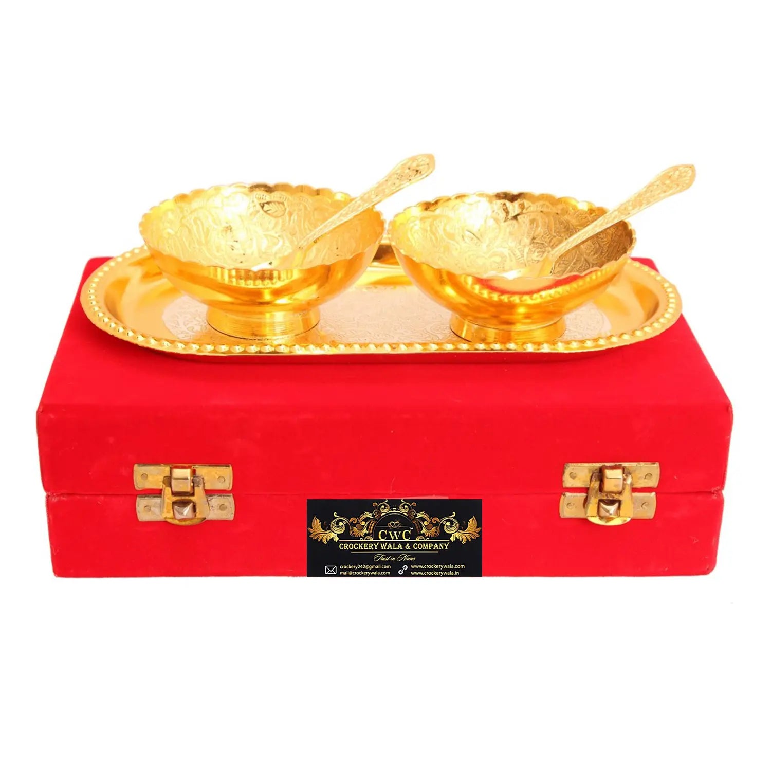 Crockery Wala & Company Silver Plated Gold Polished Bowl Set with 8 Spoons & 4 Tray, Set of 4, Diwali Gift Item - CROCKERY WALA AND COMPANY