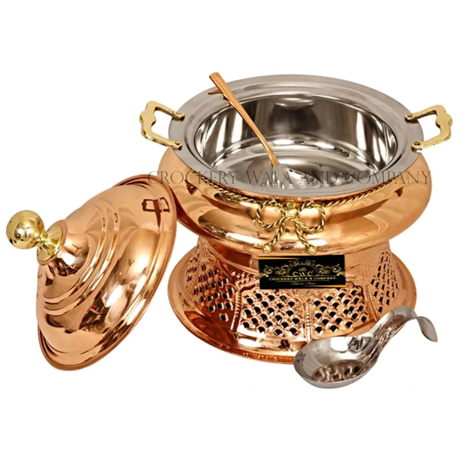Crockery Wala And Company Copper Steel Chaffing Dish With Stand & Copper Steel Spoon 4 Liters - CROCKERY WALA AND COMPANY 