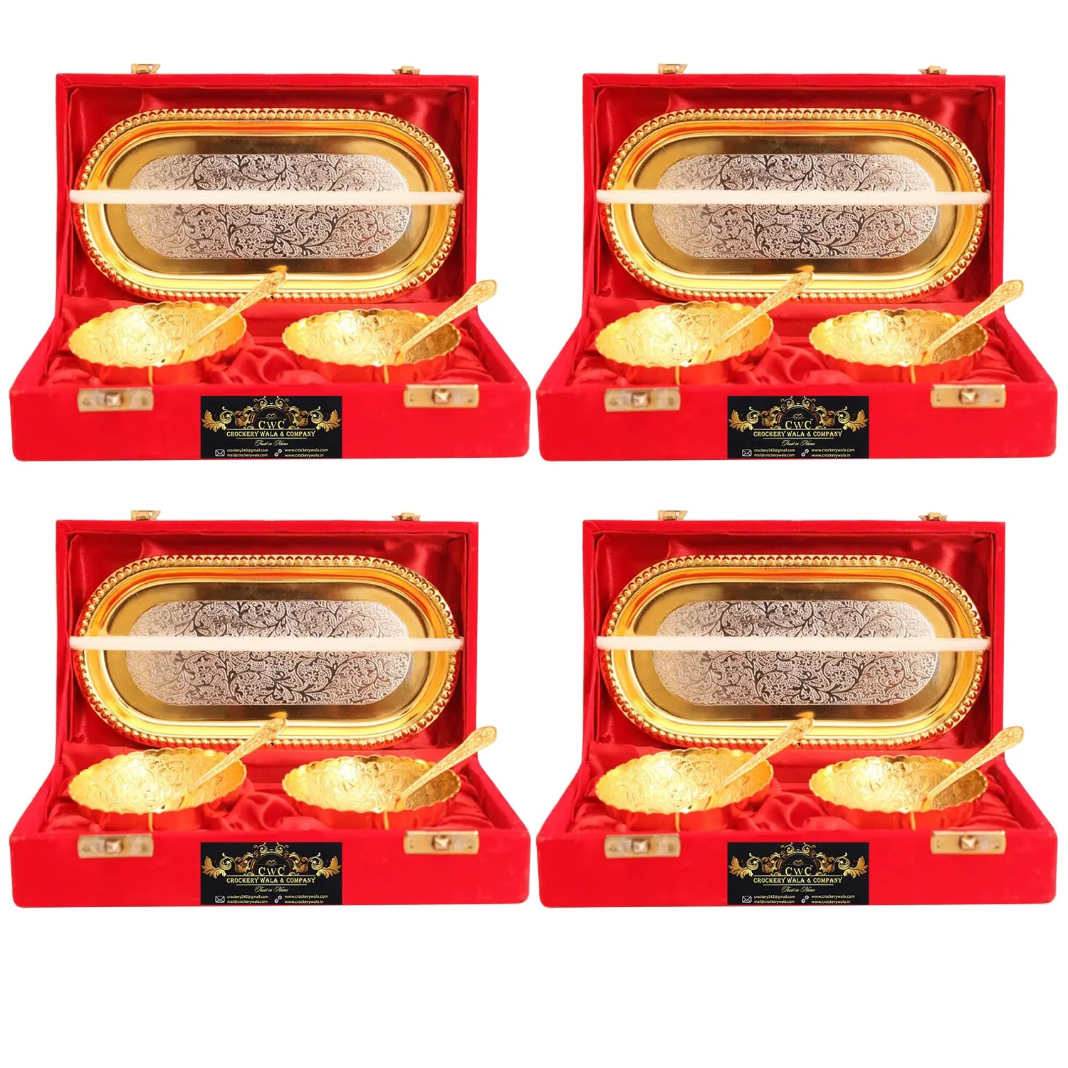 Crockery Wala & Company Silver Plated Gold Polished Bowl Set with 8 Spoons & 4 Tray, Set of 4, Diwali Gift Item - CROCKERY WALA AND COMPANY