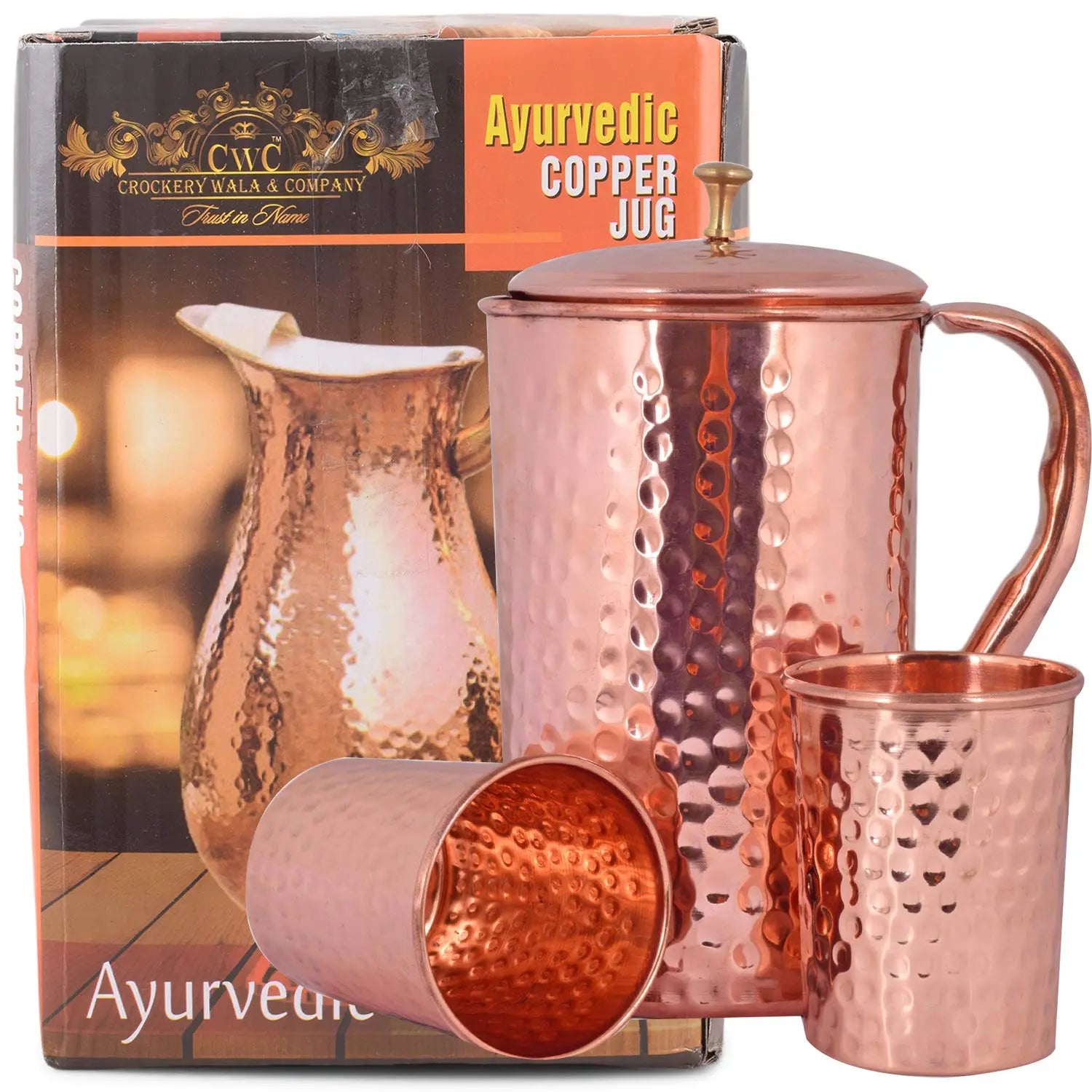 Pure Copper Pitcher, Jug, Jar Hammered Finish & 2 Glass - CROCKERY WALA AND COMPANY
