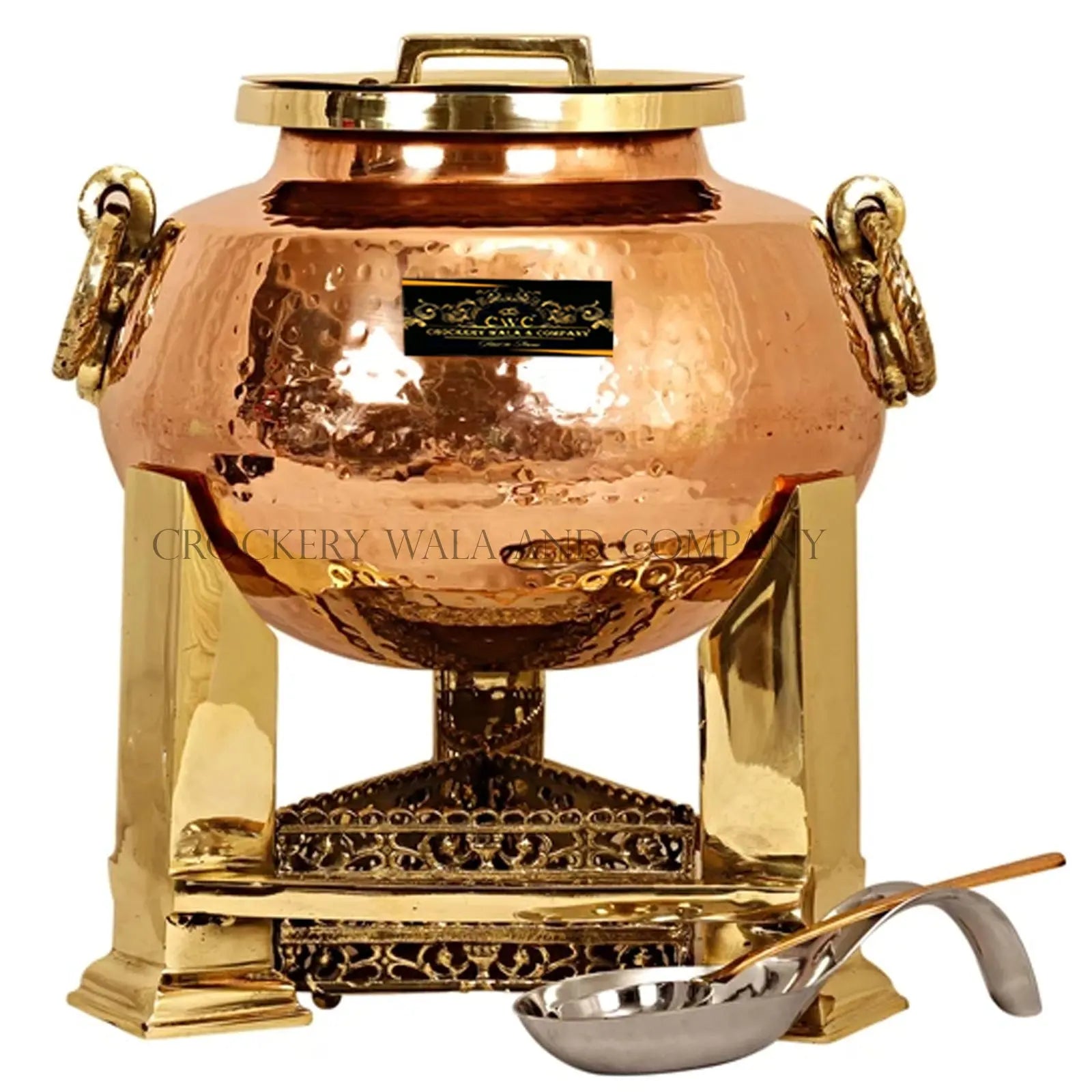Crockery Wala And Company Pure Copper Kalai Chaffing Dish Hammered Design With Brass Lid, Spoon and Fuel Gel Stand 10000 ML - CROCKERY WALA AND COMPANY 