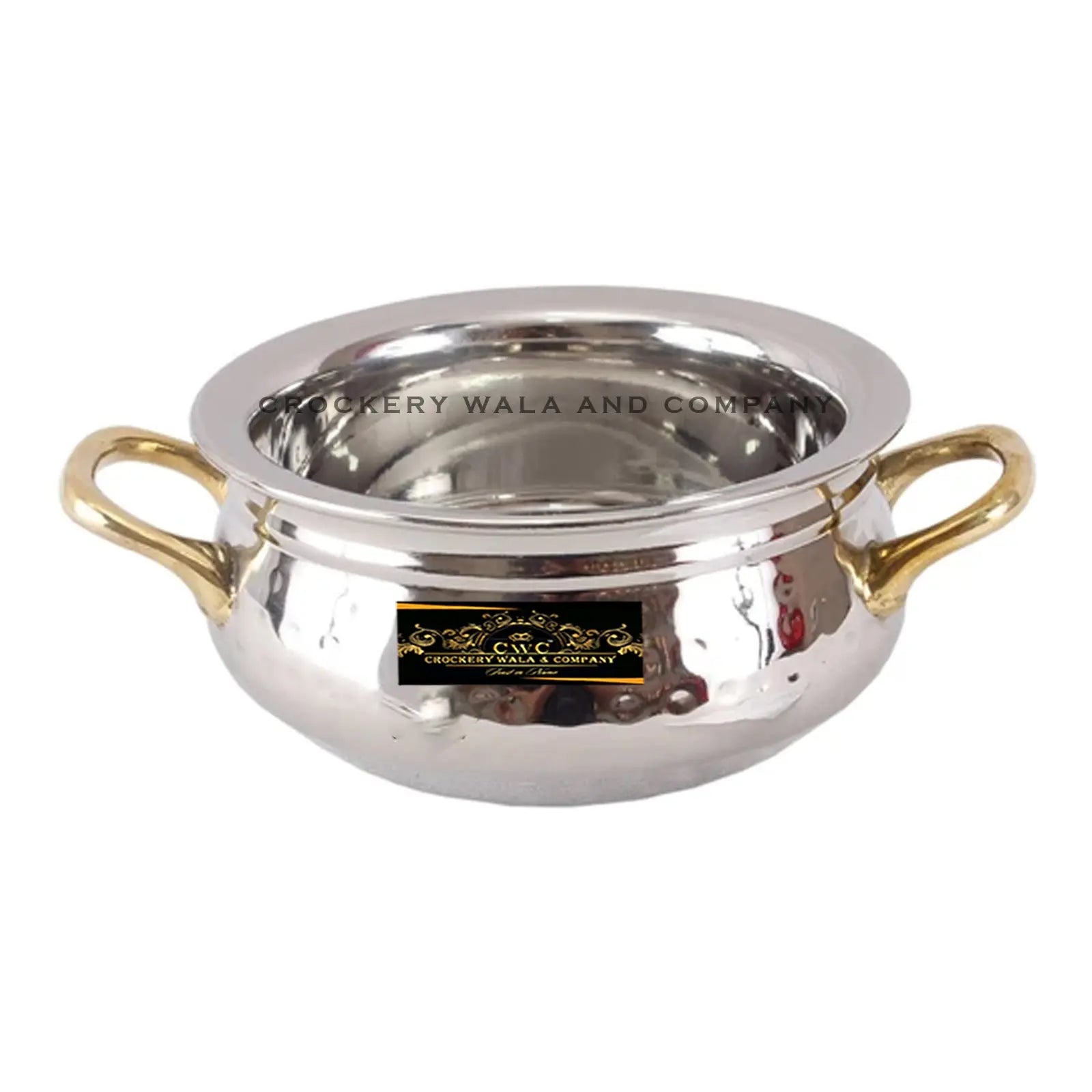 Crockery Wala And Company Steel Handi Hammered Design Bowl Handi For Serving With Brass Handles 400 ML - CROCKERY WALA AND COMPANY