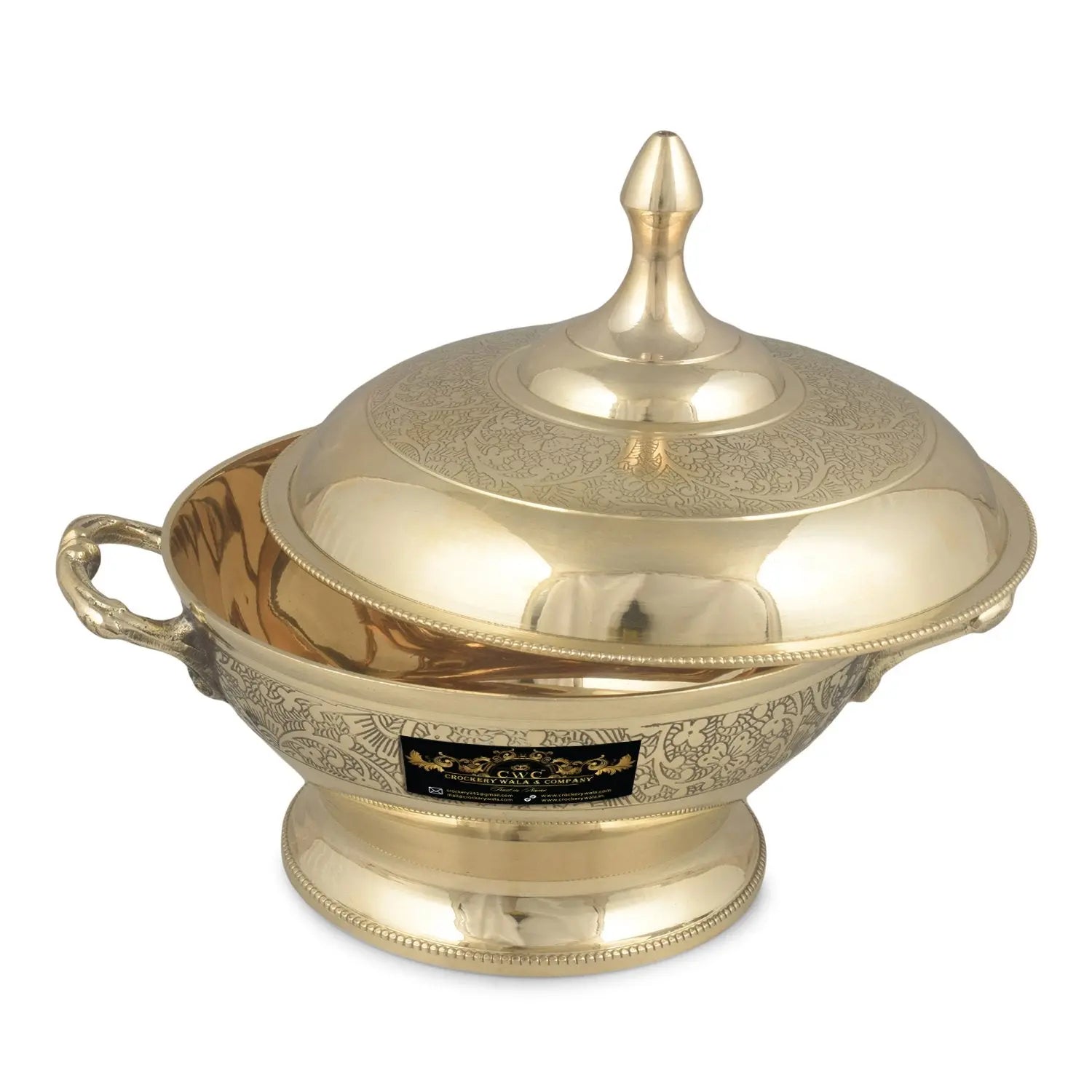 Pure Brass Maharaja Style Casserole Donga Bowl for Serving with Lid and Handle 400ML - CROCKERY WALA AND COMPANY 