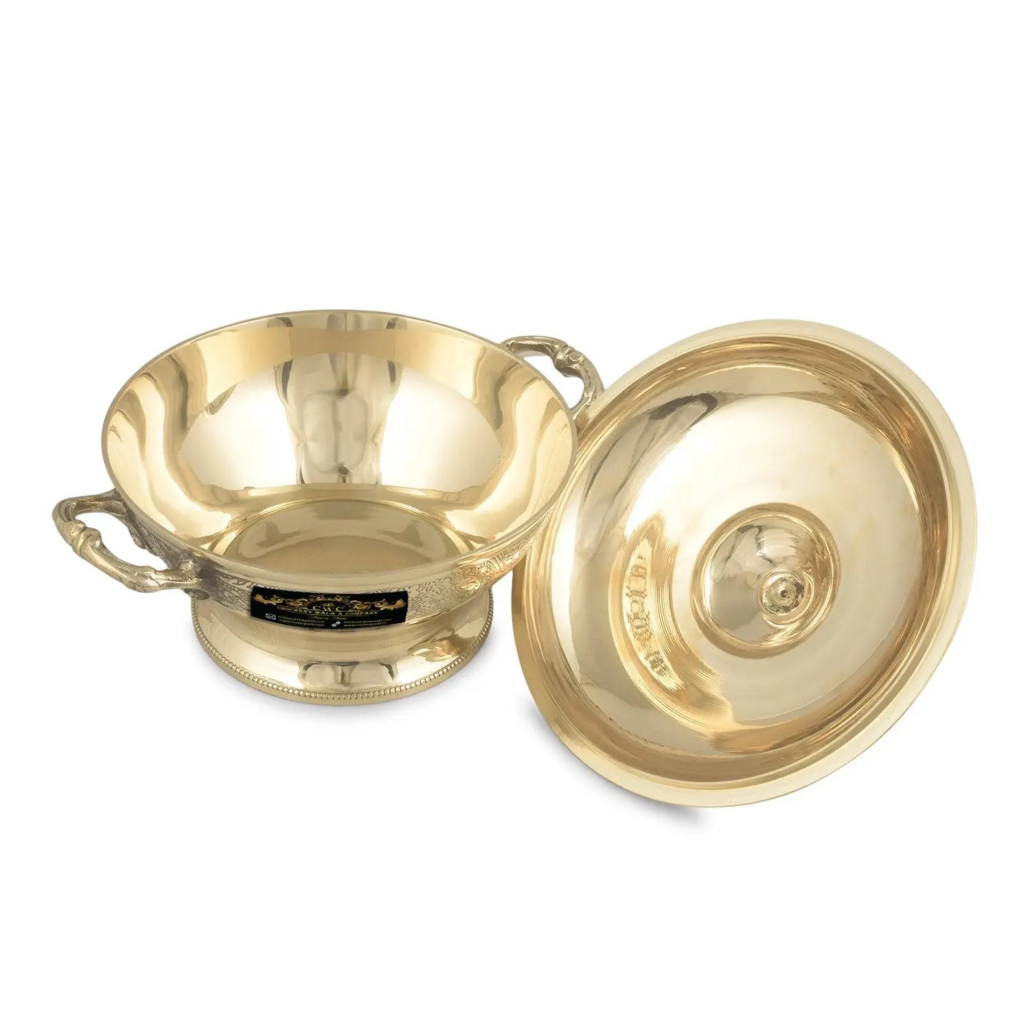 Pure Brass Maharaja Style Casserole Donga Bowl for Serving with Lid and Handle 800ML - CROCKERY WALA AND COMPANY 