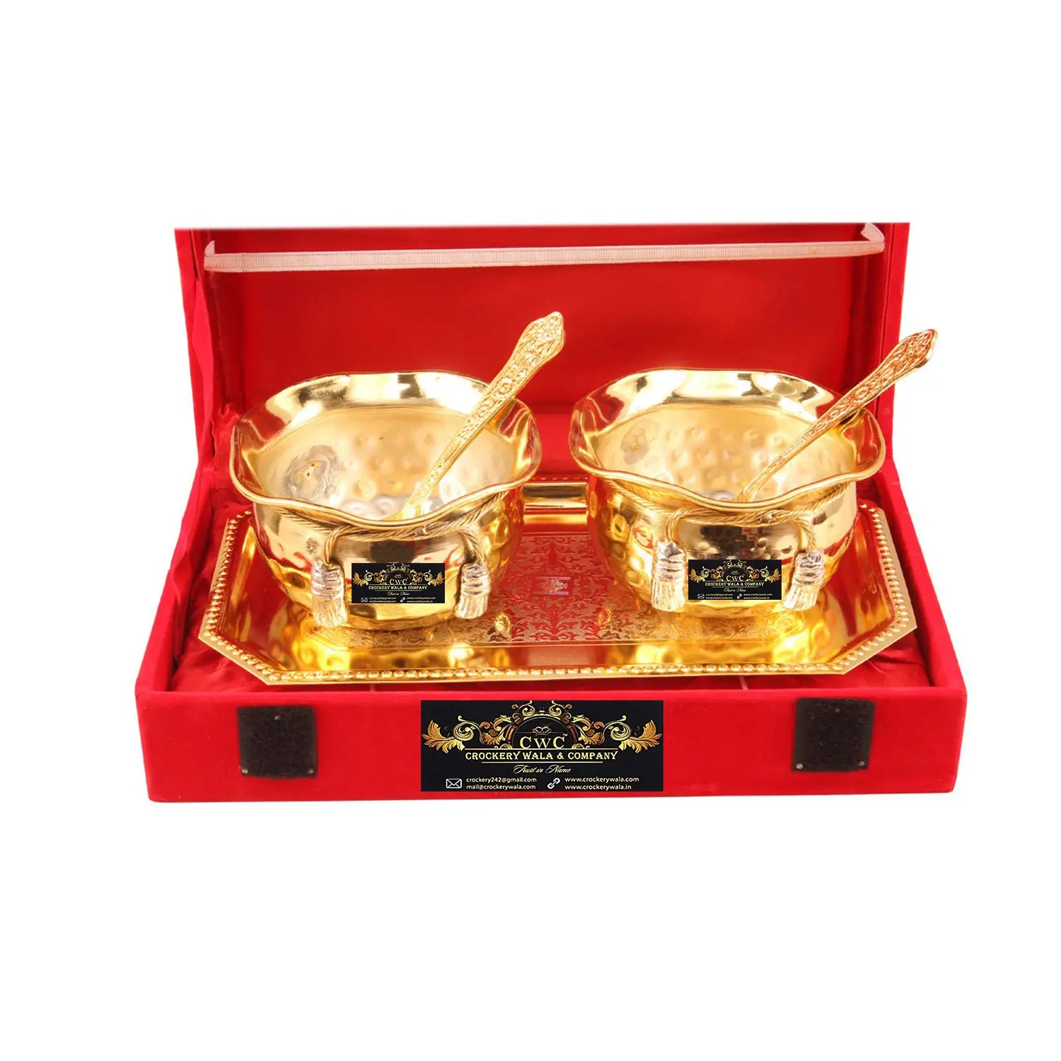 Silver Plated Gold Polish Designer 2 Bowl Set with 2 Spoon & 1 Tray for Serving - CROCKERY WALA AND COMPANY