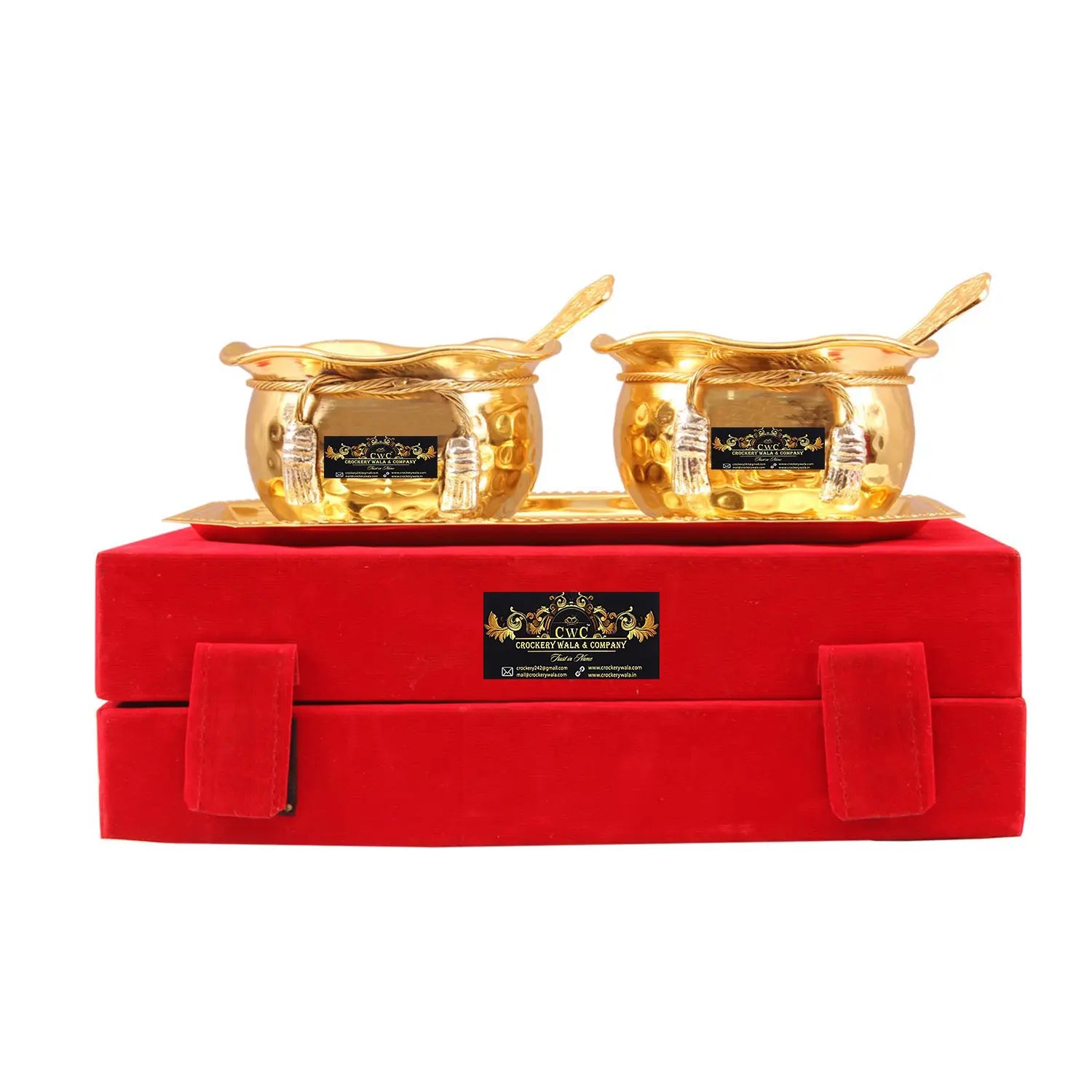 Silver Plated Gold Polish Designer 2 Bowl Set with 2 Spoon & 1 Tray for Serving - CROCKERY WALA AND COMPANY