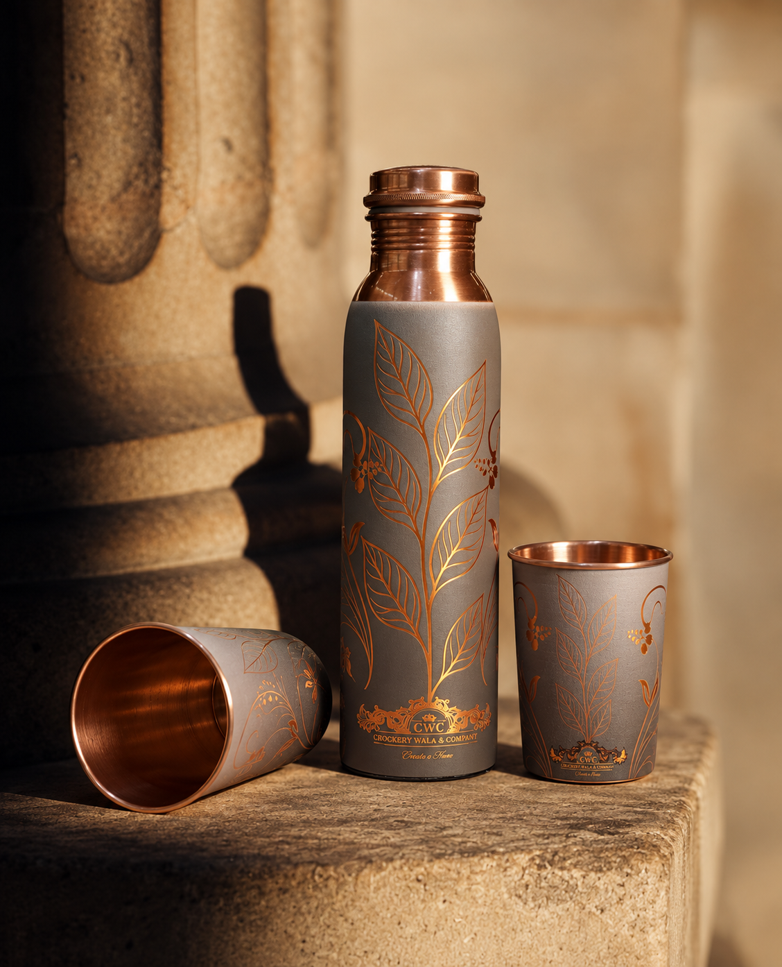 Crockerywala Pure Copper Bottle with 2Glasses set- Elixir Leaf Design