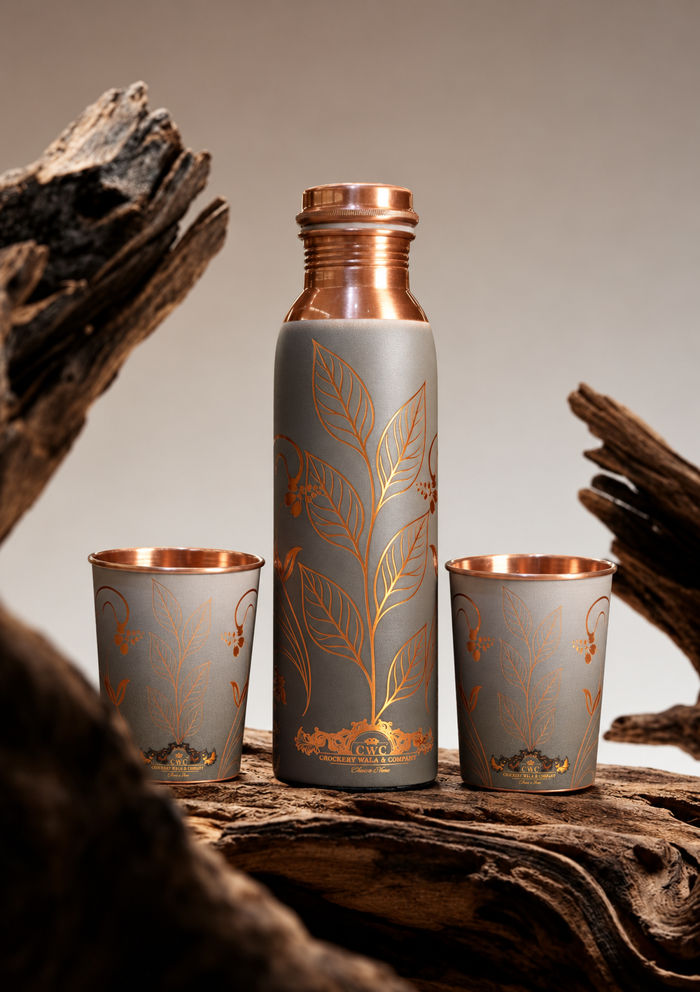 Crockerywala Pure Copper Bottle with 2Glasses set- Elixir Leaf Design