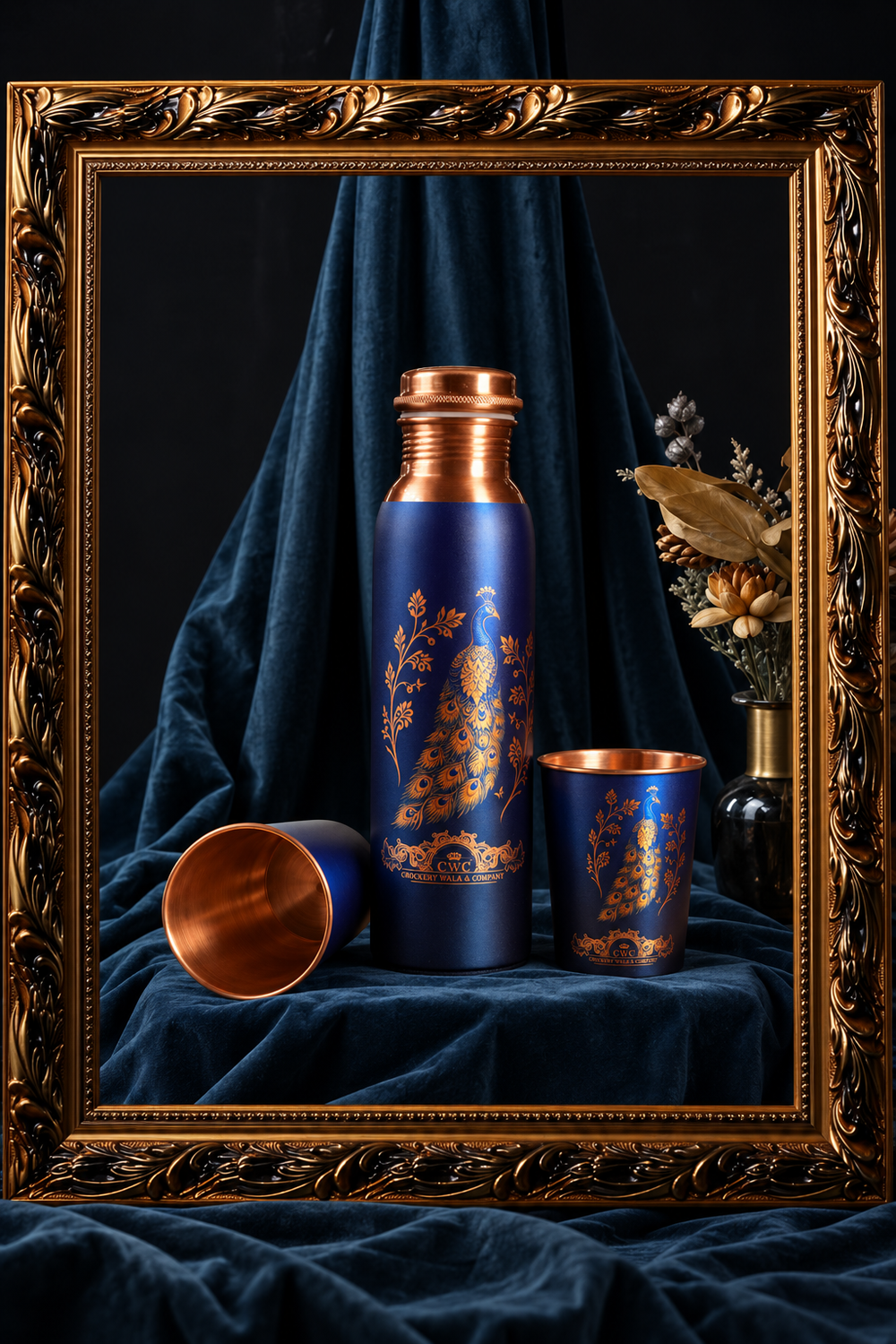 Crockerywala Royal Peacock Blue Copper Bottle Set