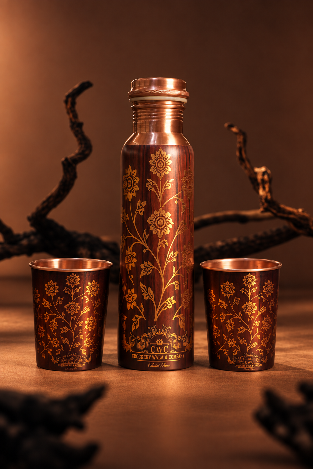 Crockerywala rich antique floral design Pure Copper Water Bottle Set