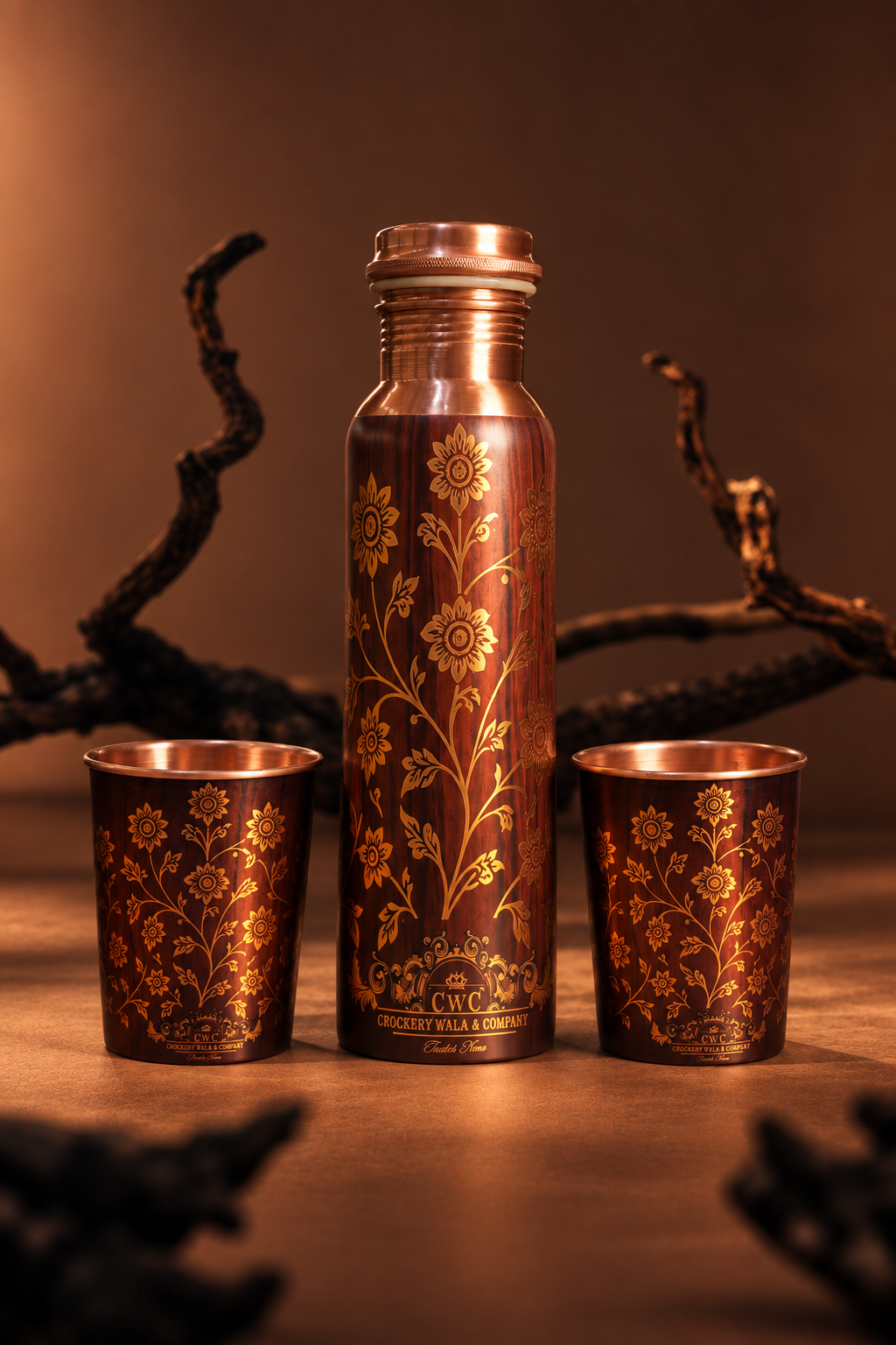 Crockerywala rich antique floral design Pure Copper Water Bottle Set