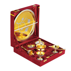 BRASS POOJA THALI SET TWO TONE WITH VELVET BOX - CROCKERY WALA AND COMPANY 