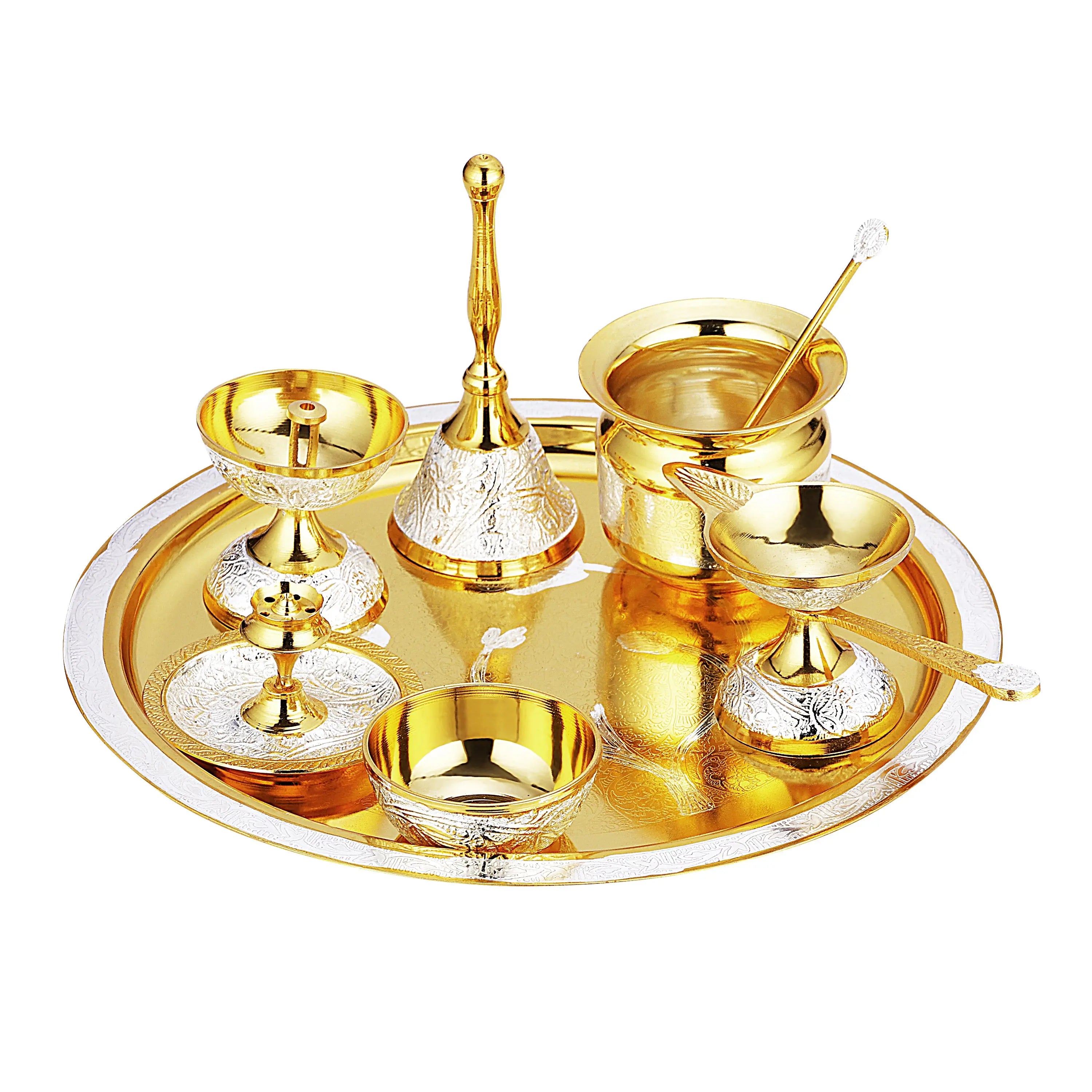 BRASS POOJA THALI SET TWO TONE WITH VELVET BOX - CROCKERY WALA AND COMPANY 