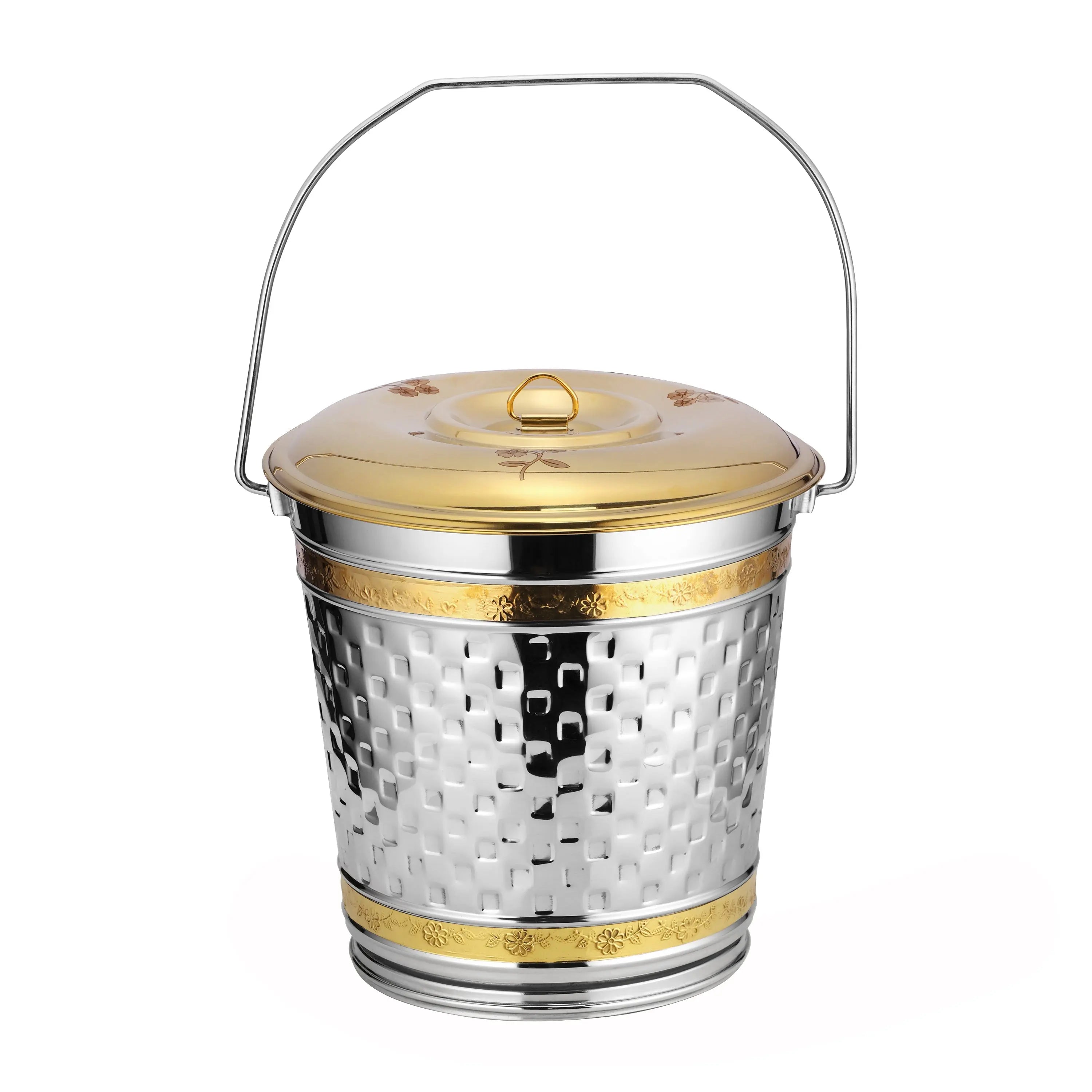 STAINLESS STEEL PVD CHESS BRASS BEADED BUCKET WITH LID - CROCKERY WALA AND COMPANY 
