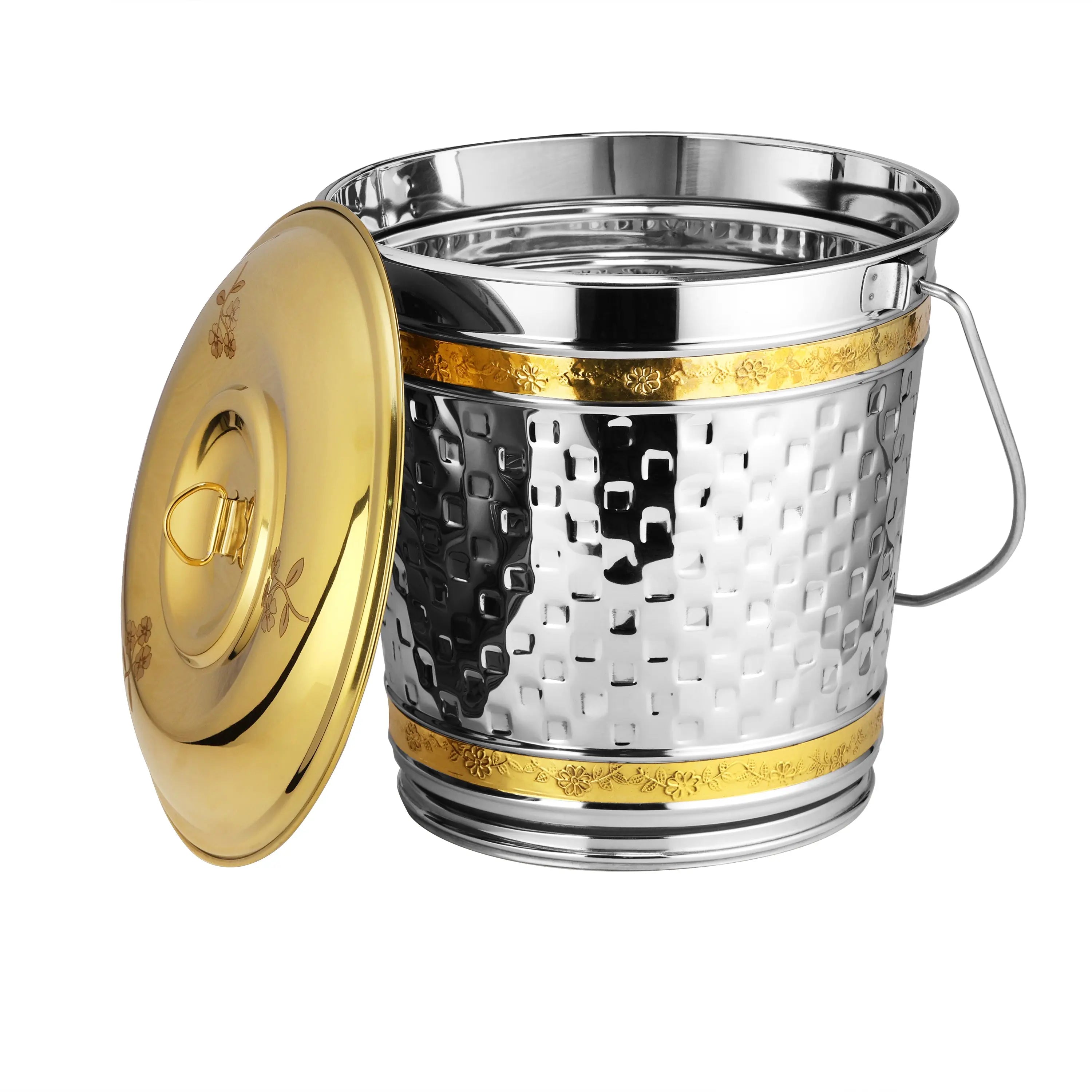 STAINLESS STEEL PVD CHESS BRASS BEADED BUCKET WITH LID - CROCKERY WALA AND COMPANY 